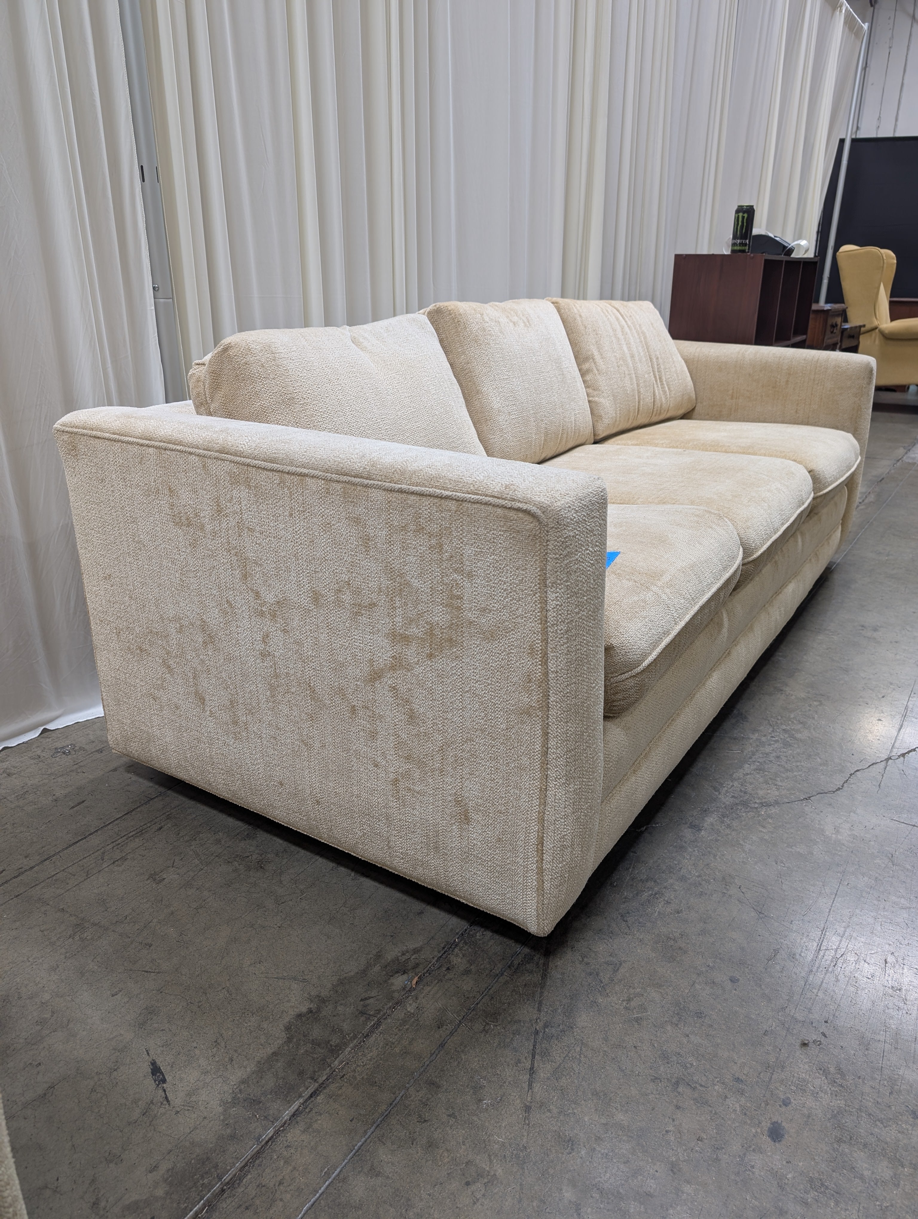 Cream Textured Fabric Couch with Track Arms