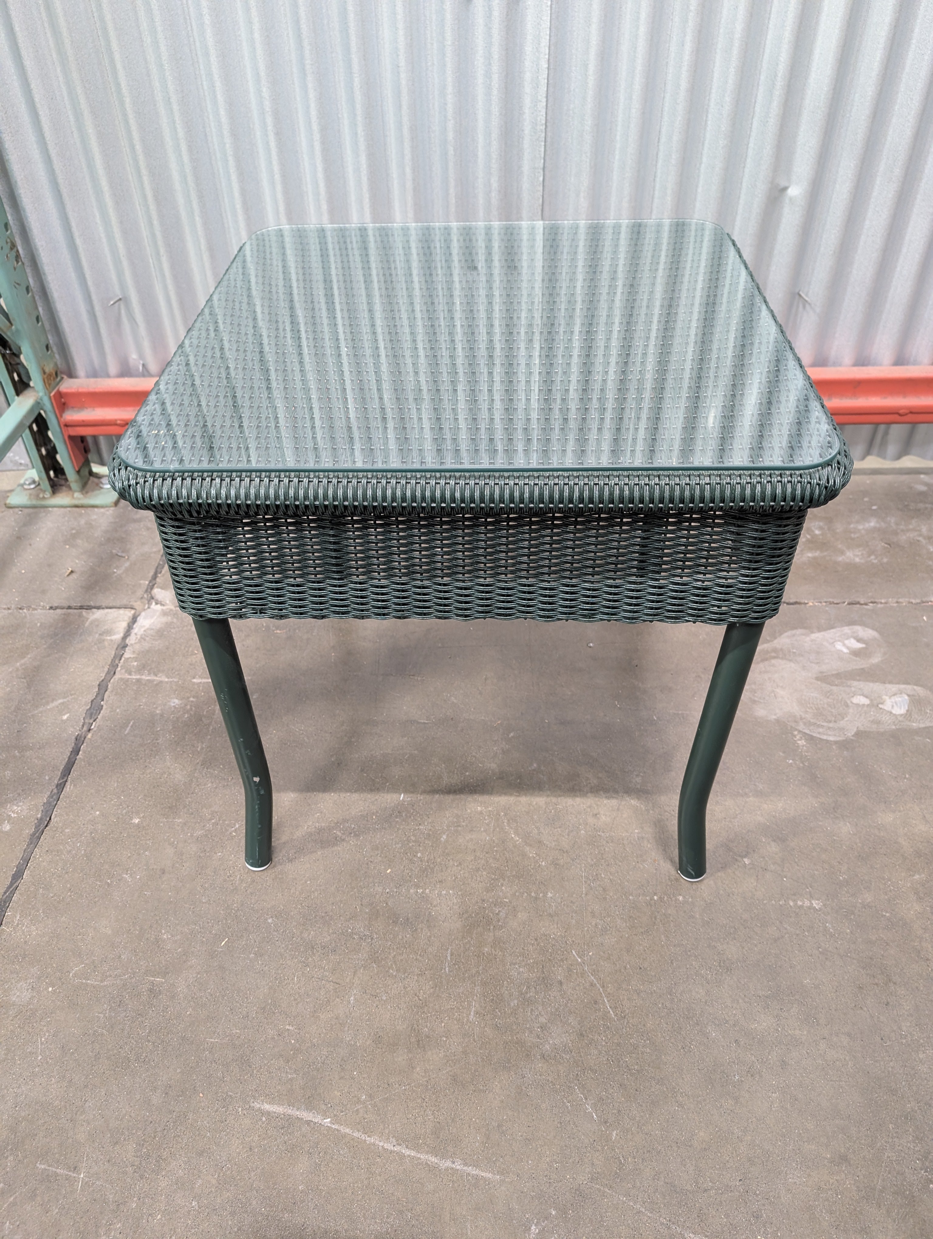 Small Green Resin Wicker Woven Outdoor Table with Glass Top