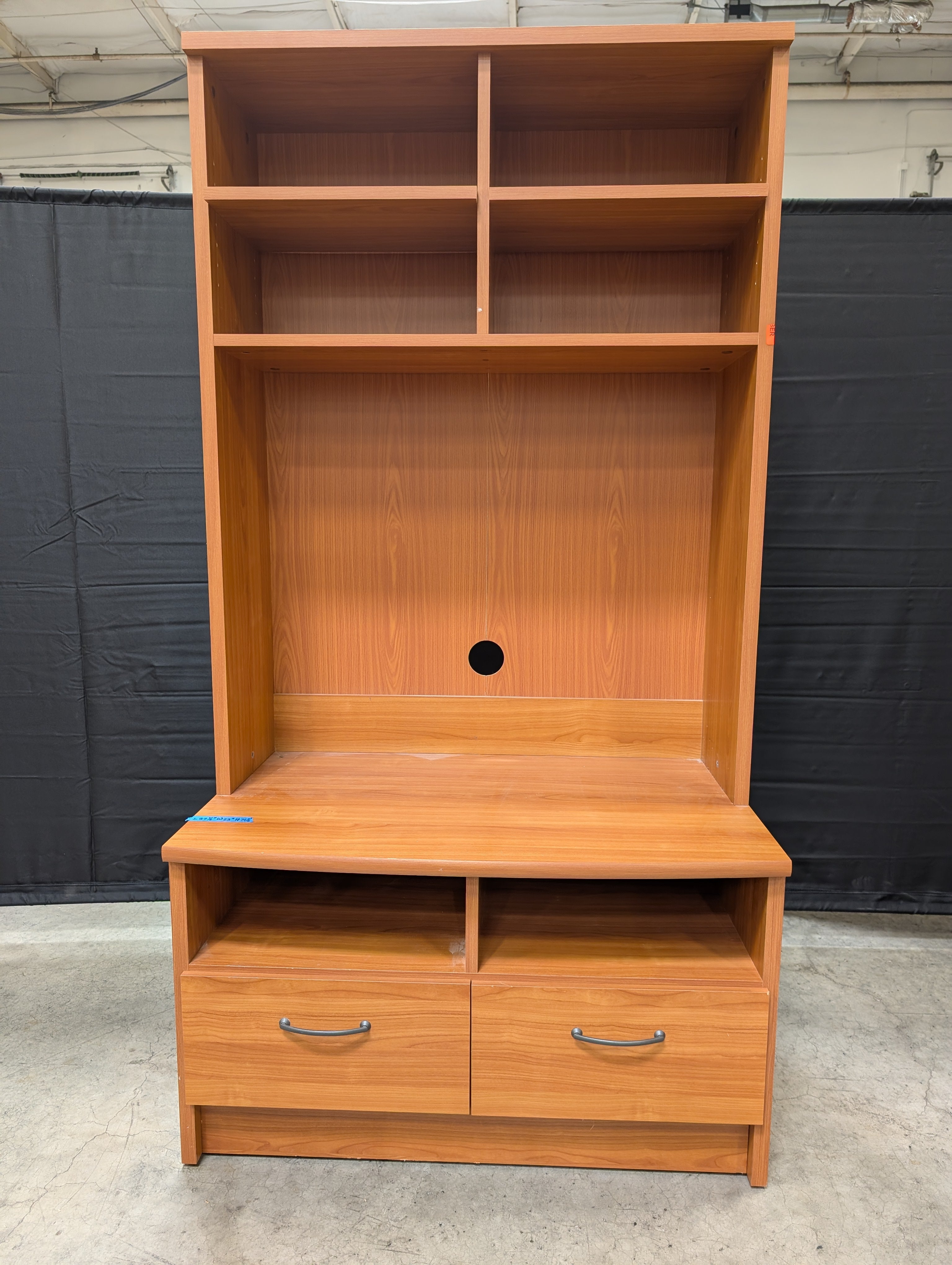 Functional Wood-Toned Desk Hutch with Shelving and Drawers