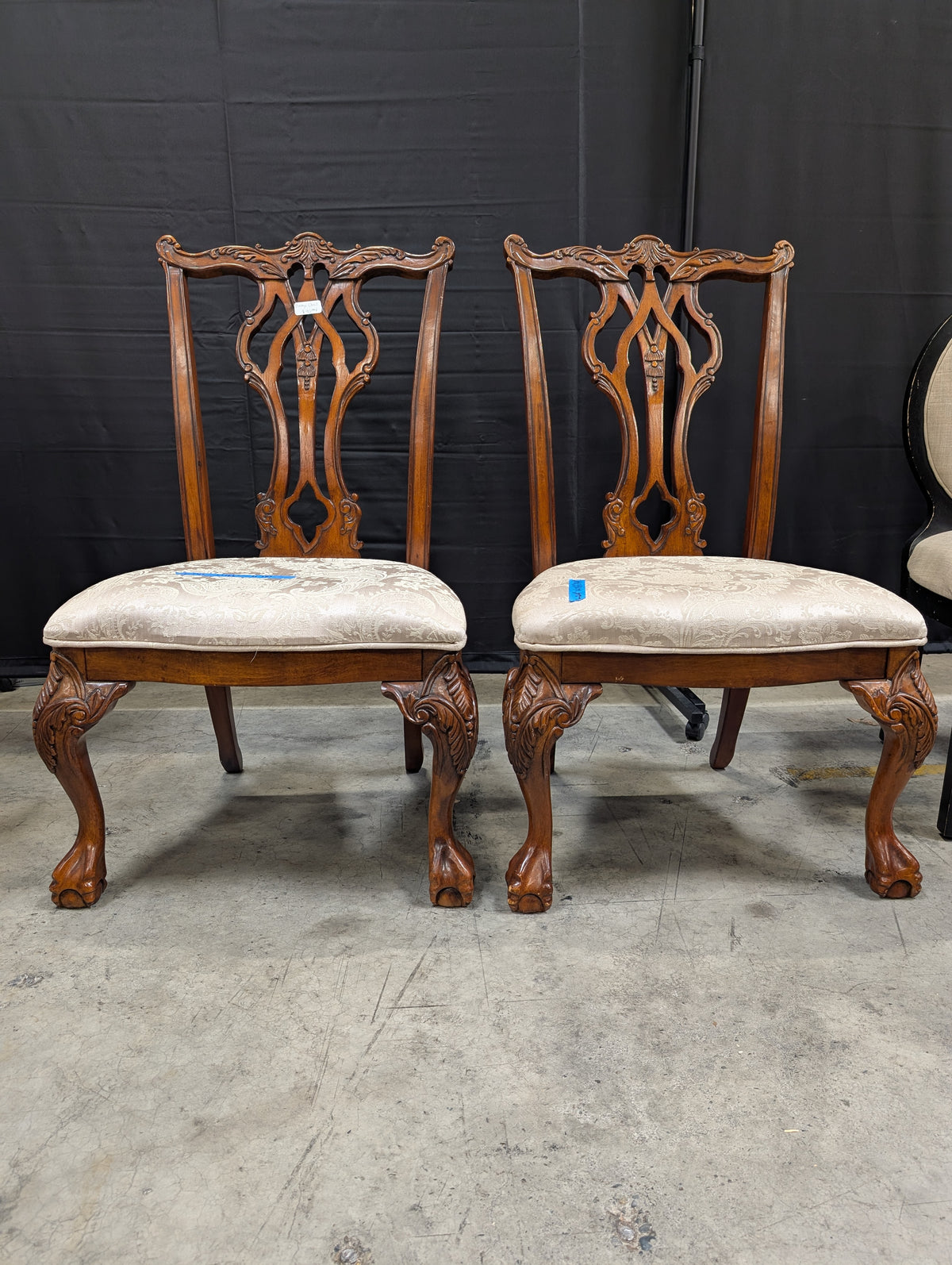 Traditional Carved Wood Dining Side Chair with Damask Upholstery