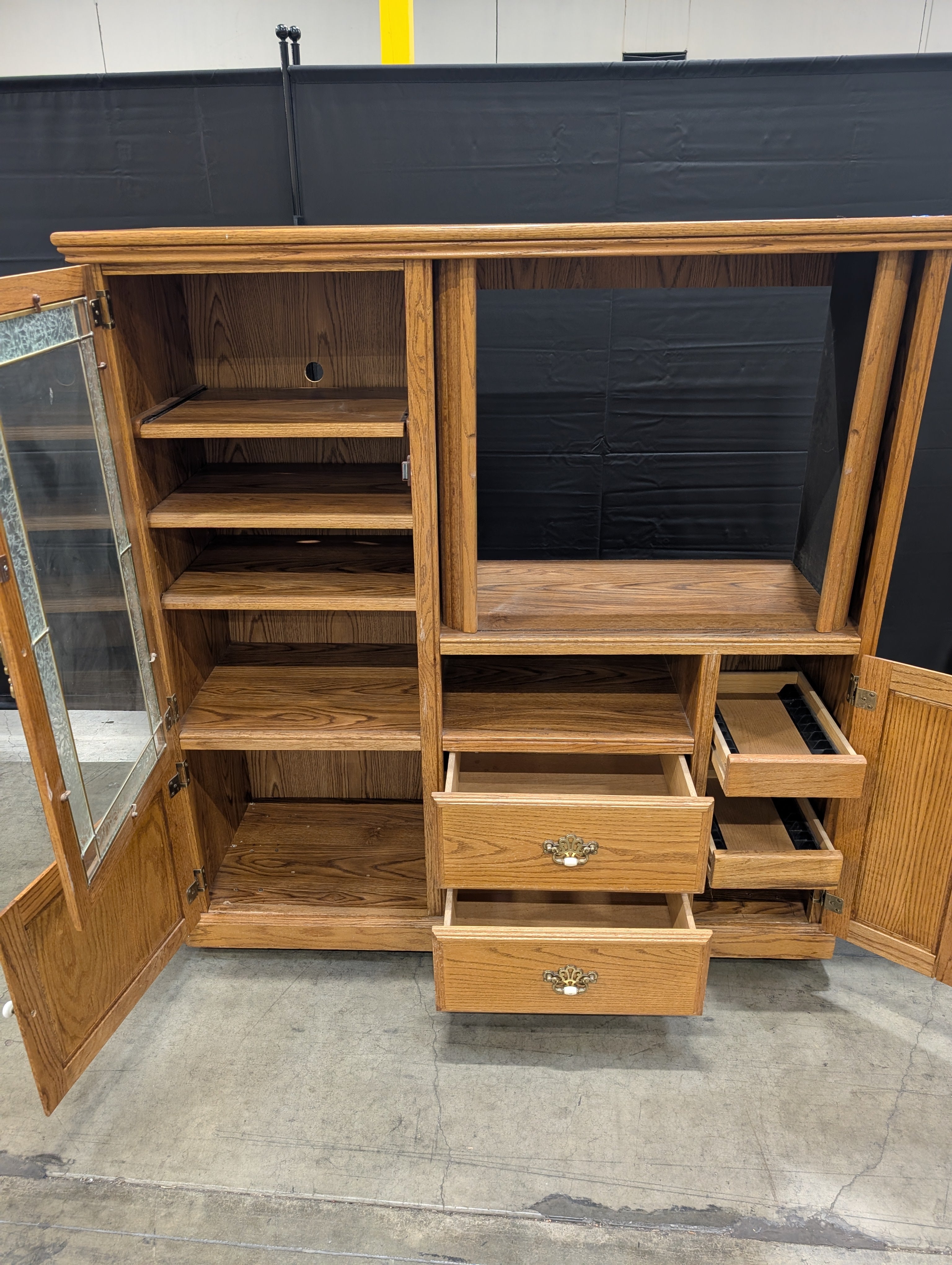 Sturdy Oak Wood Media Console Hutch with Glass Display