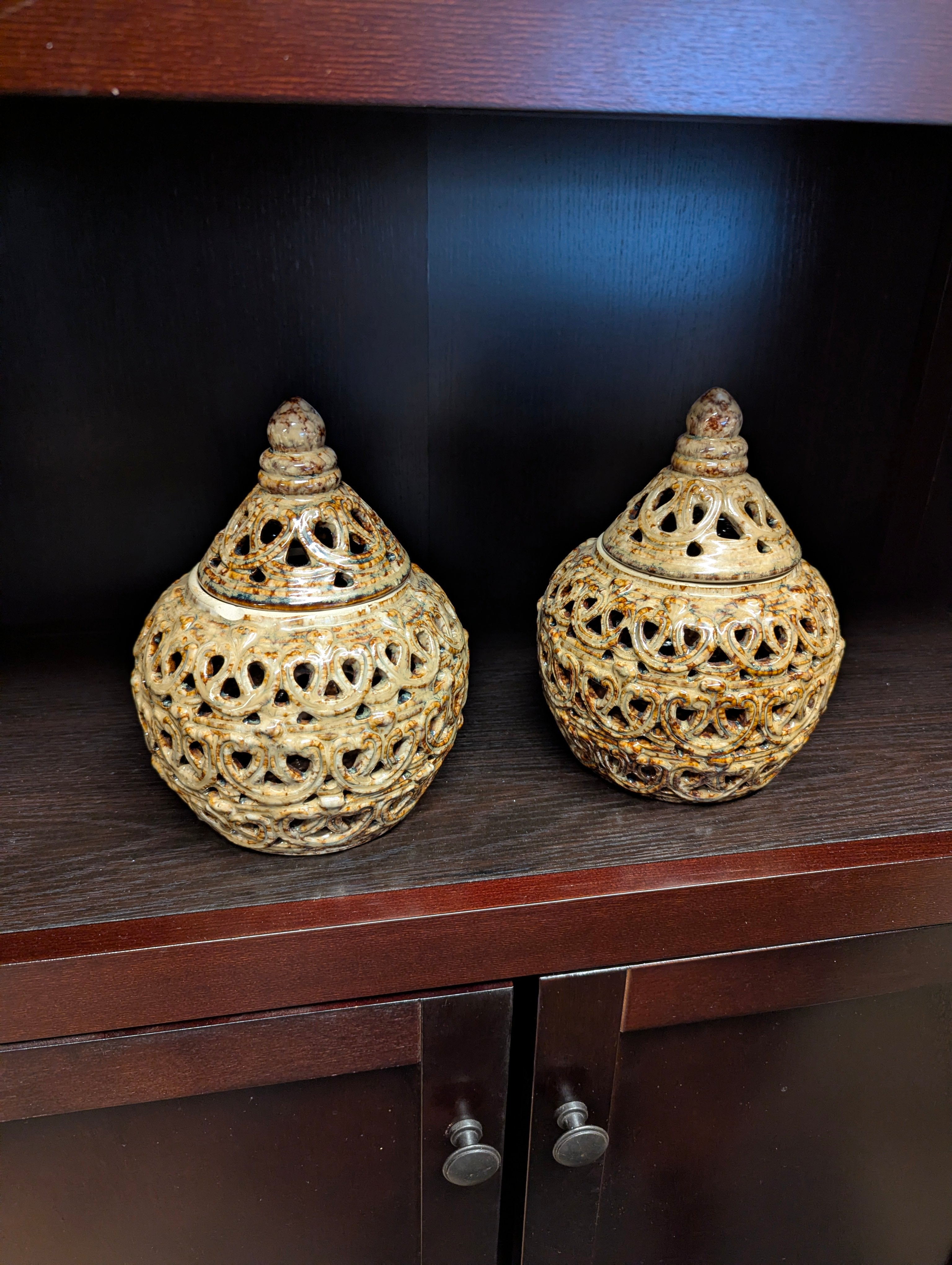 Ornate Pierced Ceramic Lidded Jar Decorative Urn