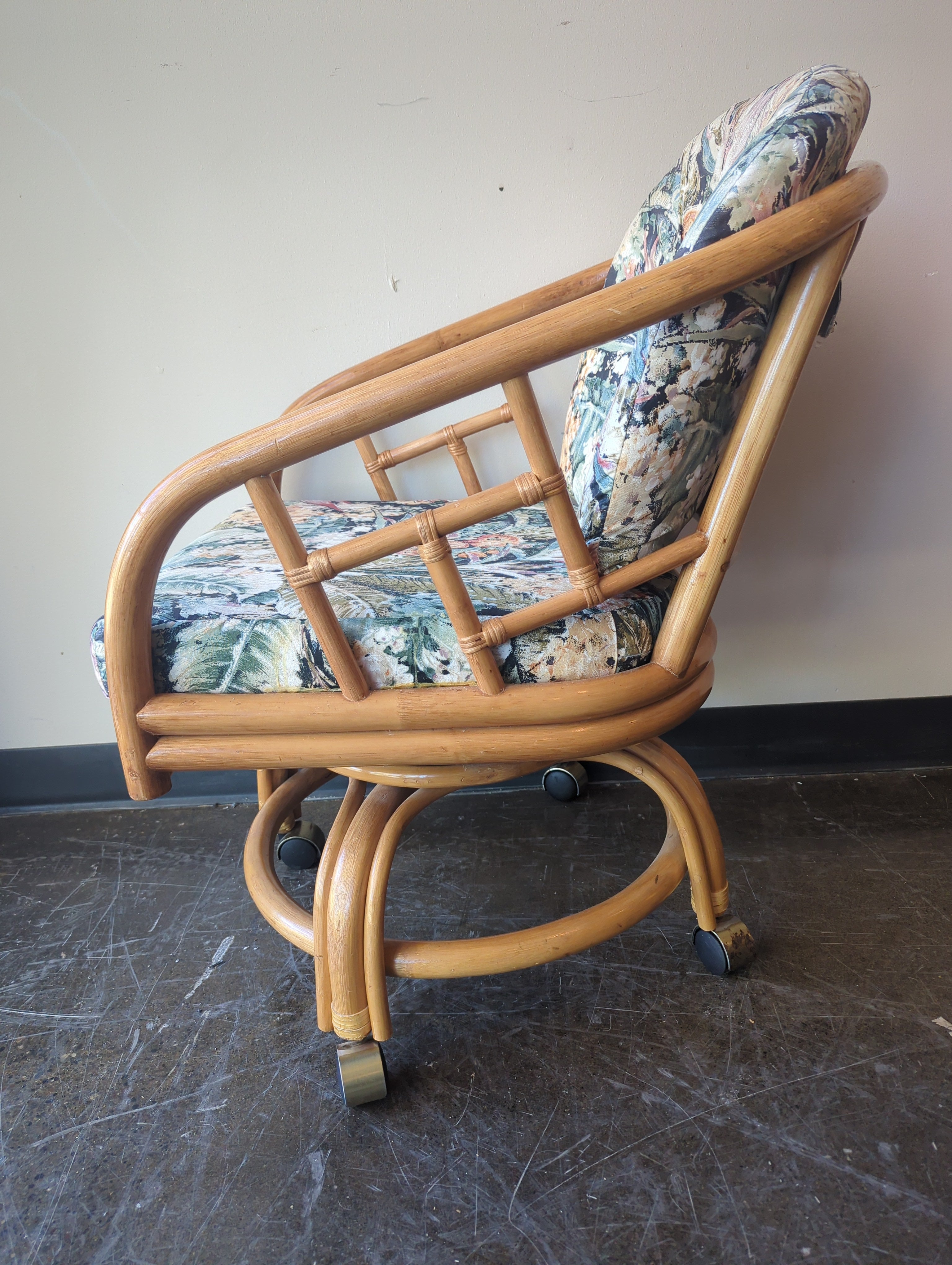 Vintage Rattan Armchair with Botanical Upholstery