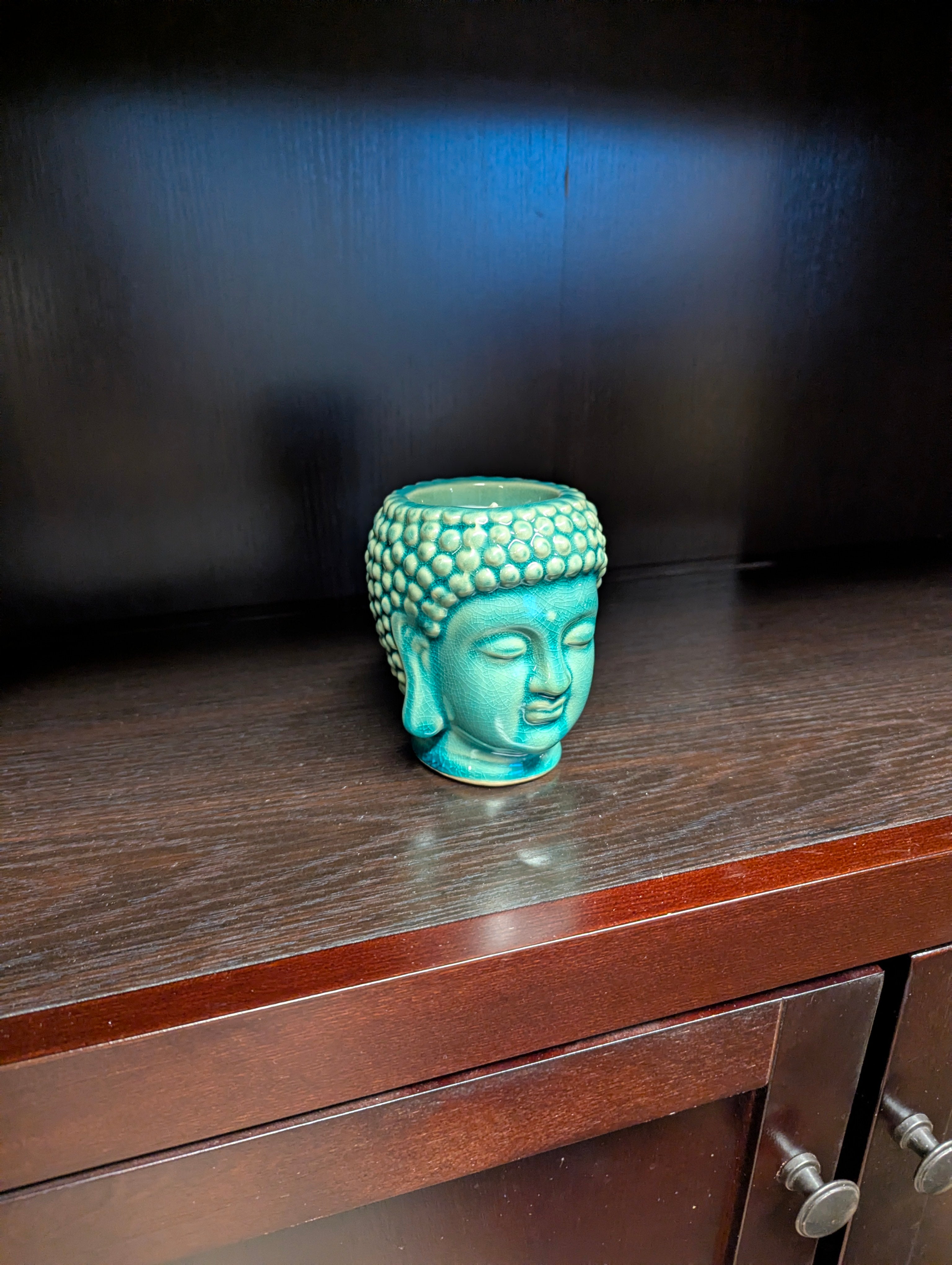 Teal Ceramic Buddha Head Candle Holder with White Candle