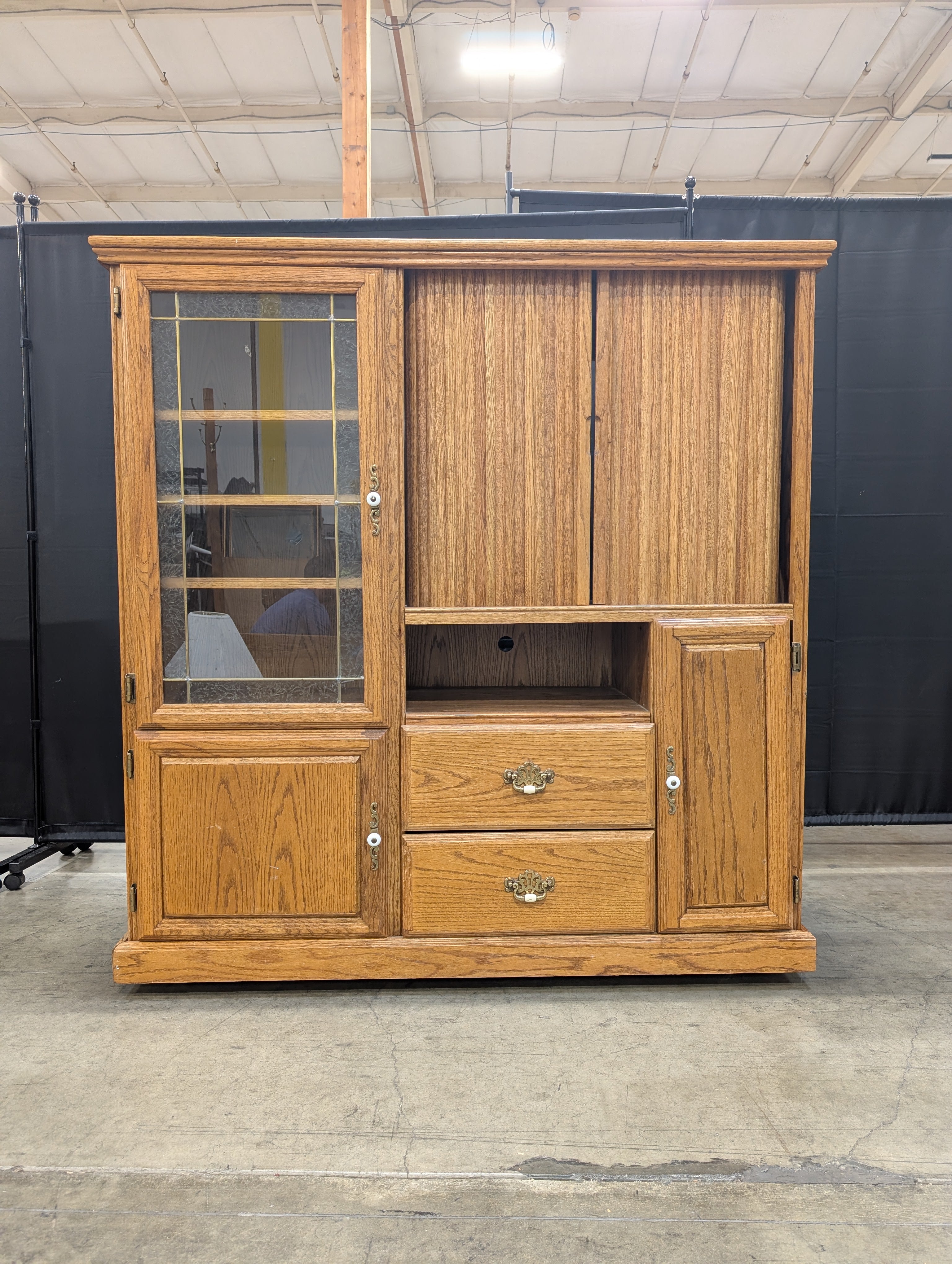 Sturdy Oak Wood Media Console Hutch with Glass Display