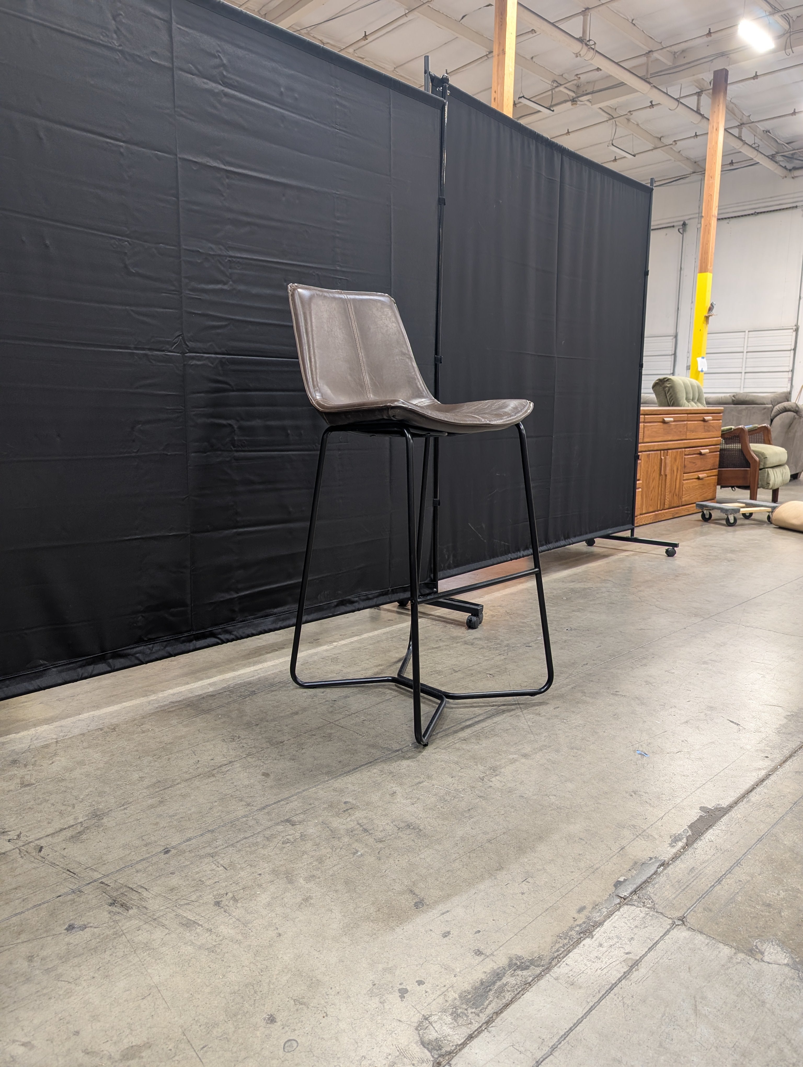 Modern Brown Upholstered Bar Stool with Black Metal Base