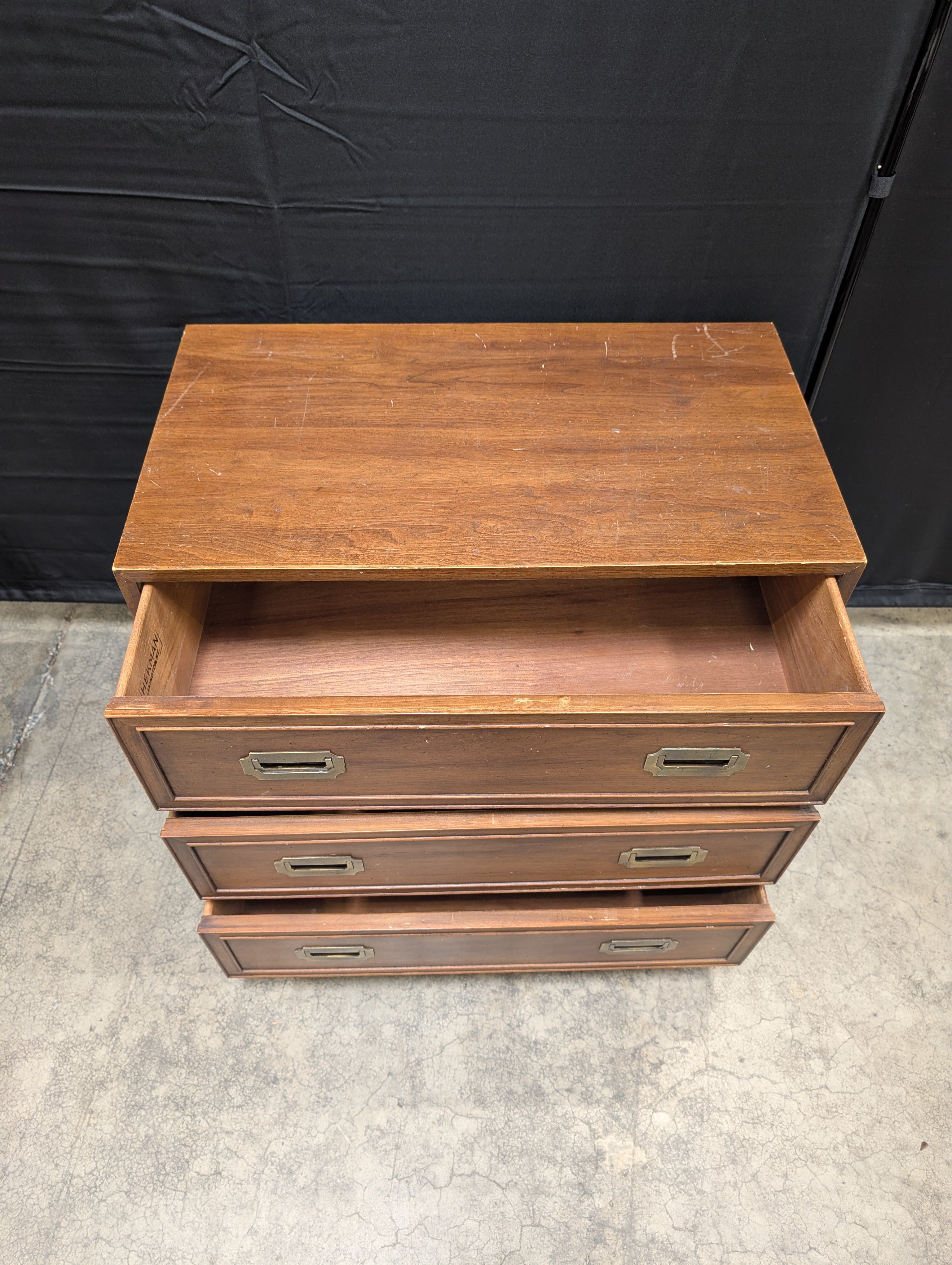 HEKMAN Campaign Style Three-Drawer Dresser with Brass Hardware