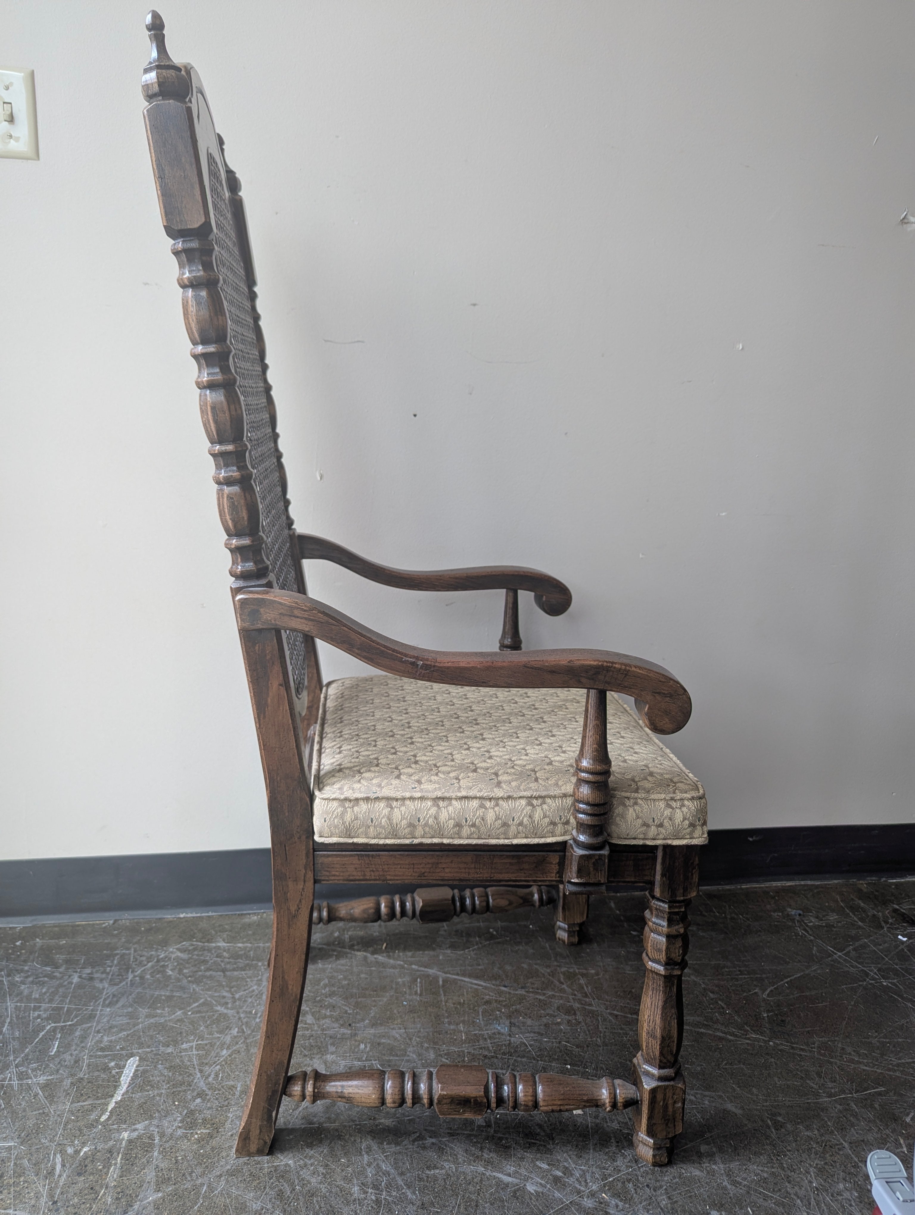 Vintage Dark Wood Armchair with Cane Back and Upholstered Seat