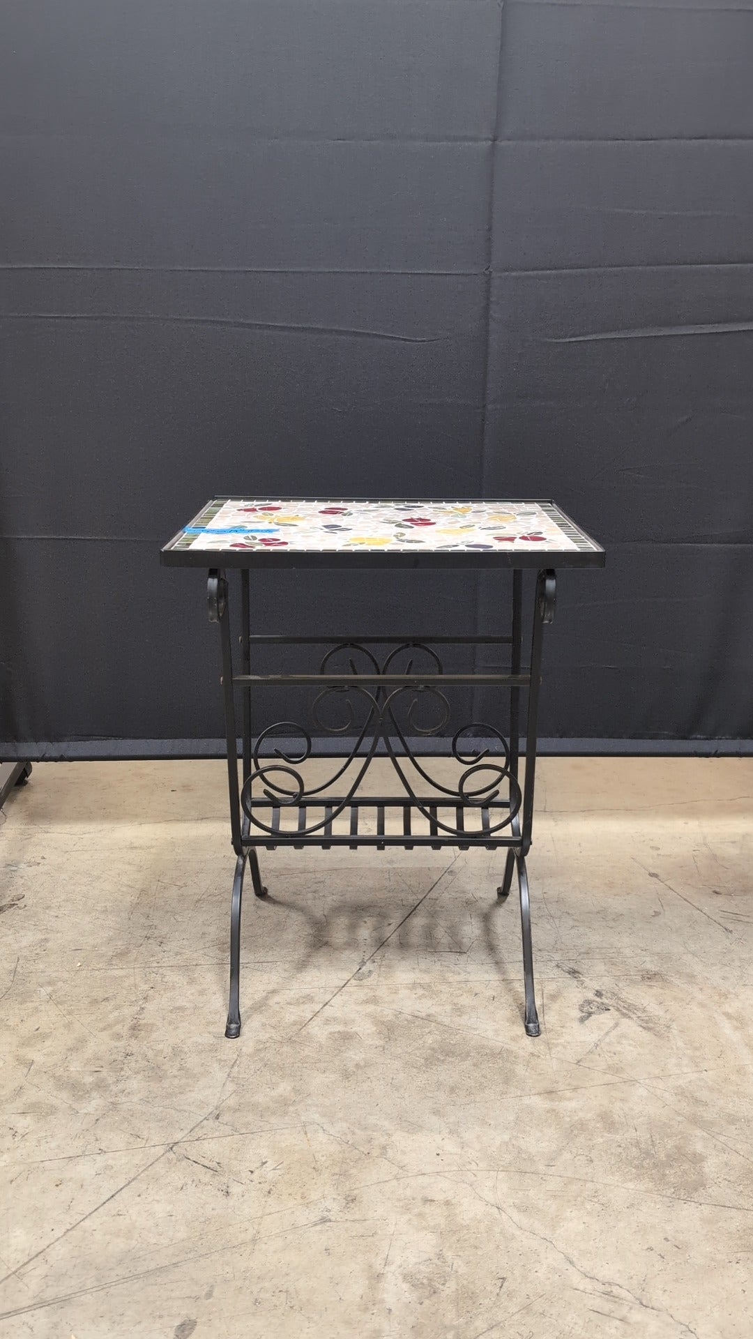 Artisan Mosaic Floral Side Table with Wrought Iron Base
