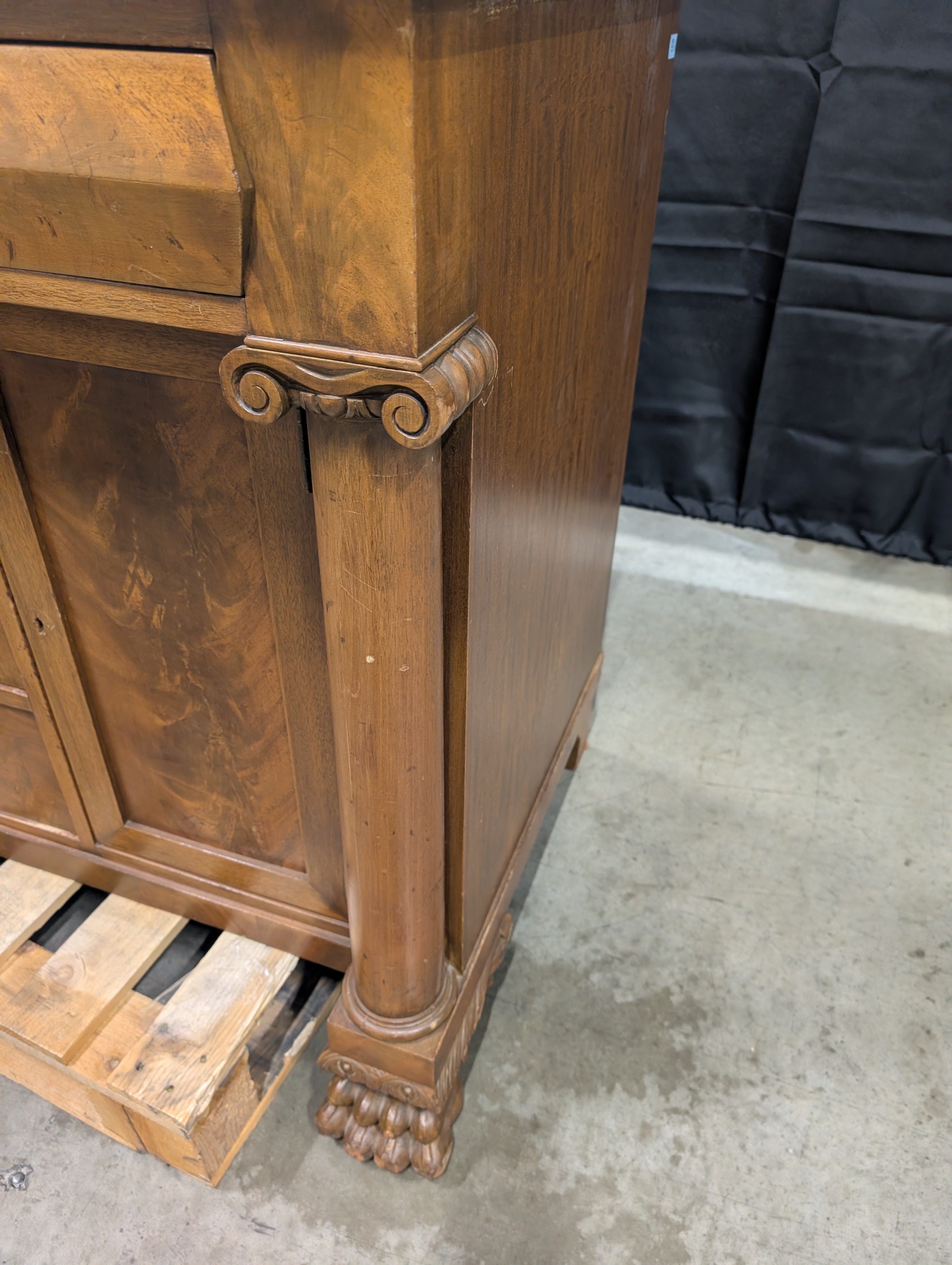 Vintage Wood Sideboard with Ornate Hardware and Fluted Columns