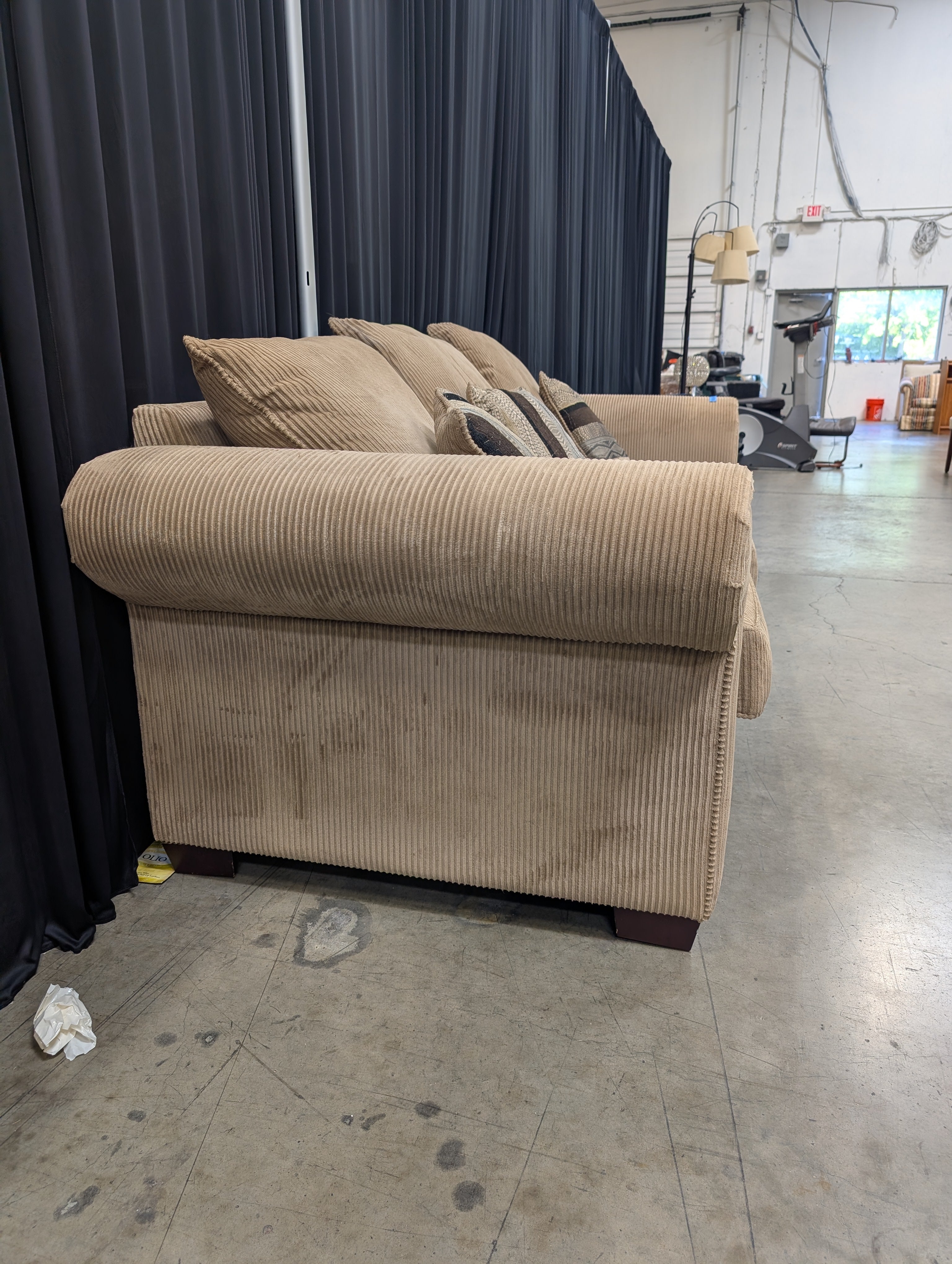 Three-Seat Tan Roll-Arm Couch in Corduroy