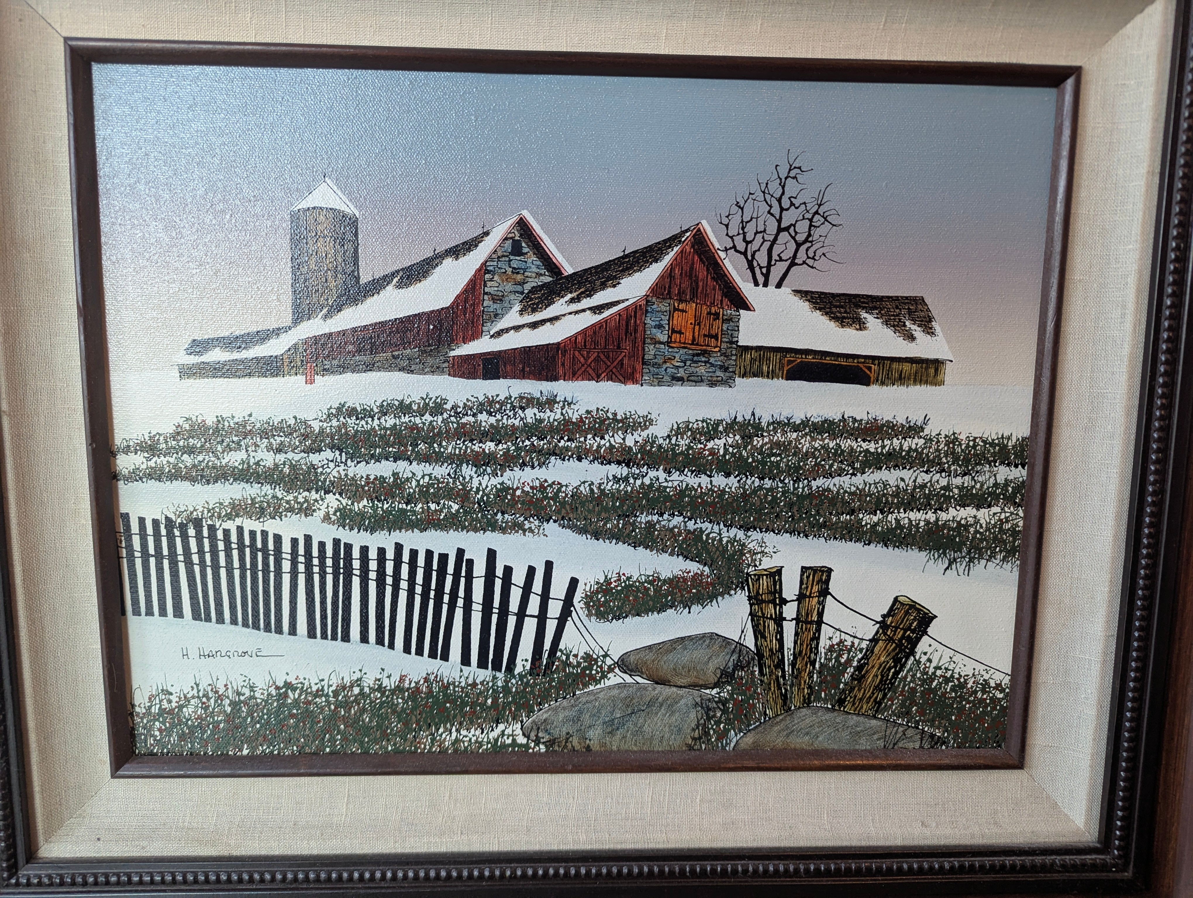 Rustic Framed Winter Barn Scene Painting