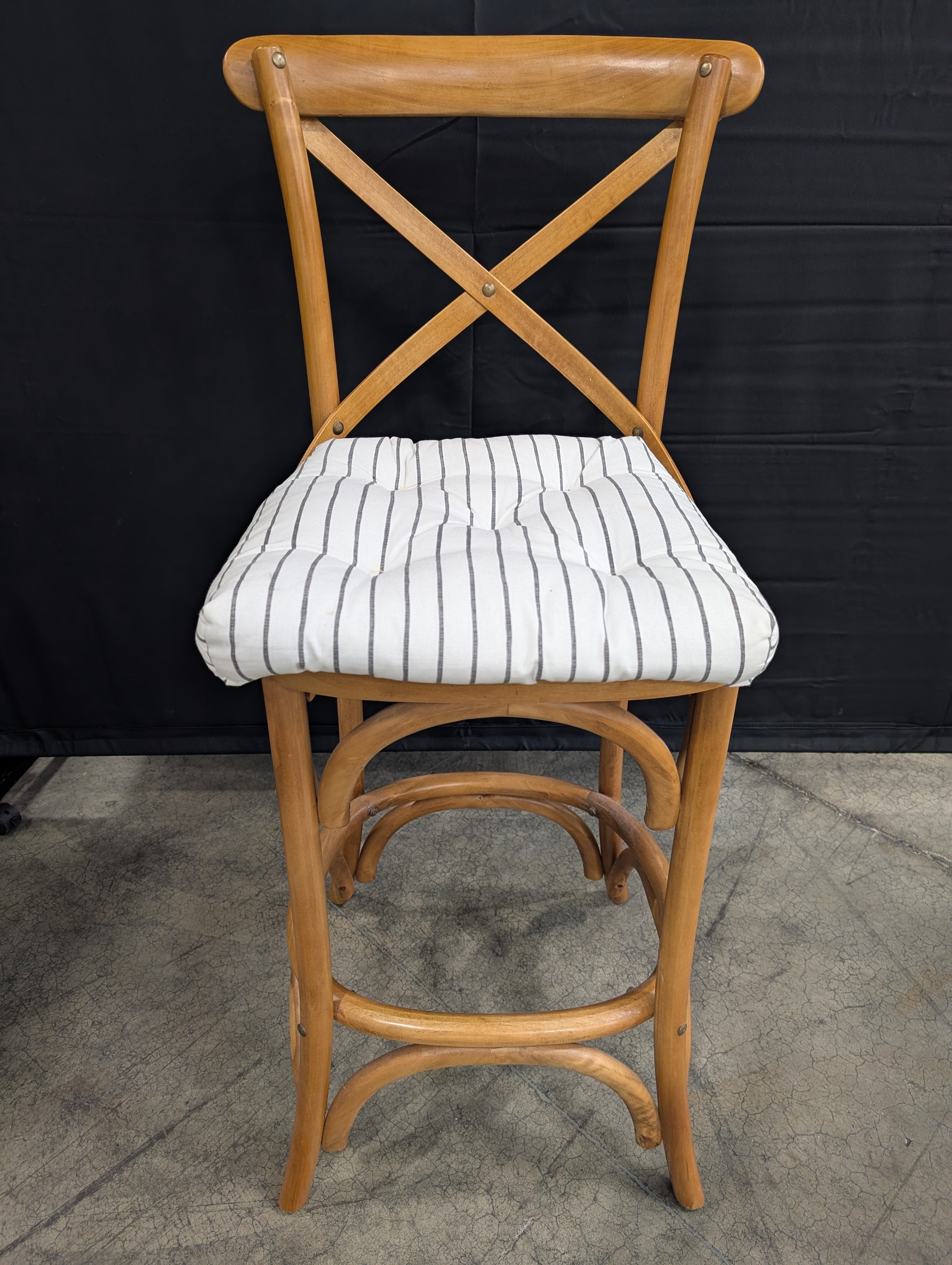 French Bistro Style Cross Back Wooden Counter Stool with Striped Cushion
