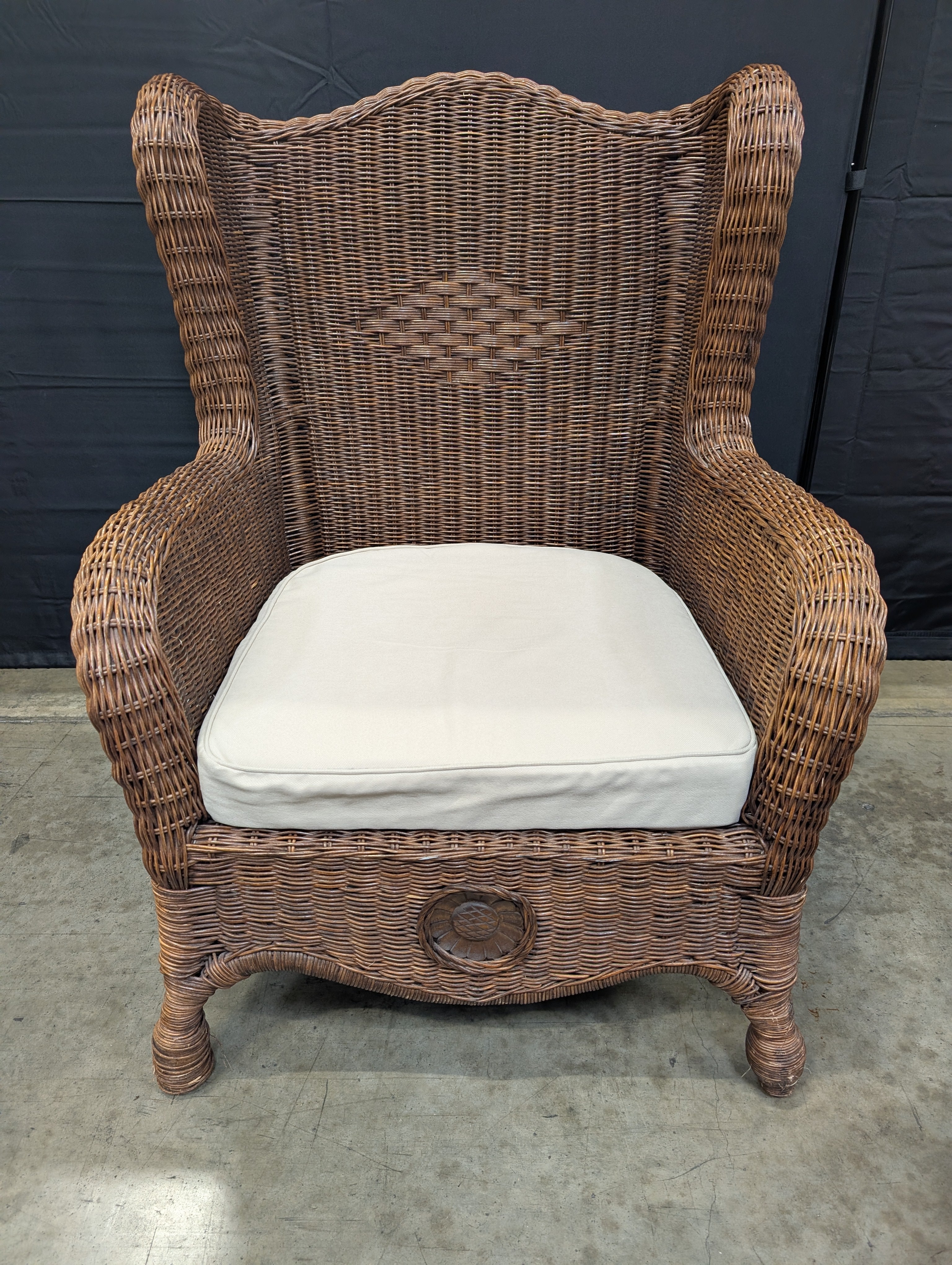 Vintage Wicker High-Back Armchair with Sunflower