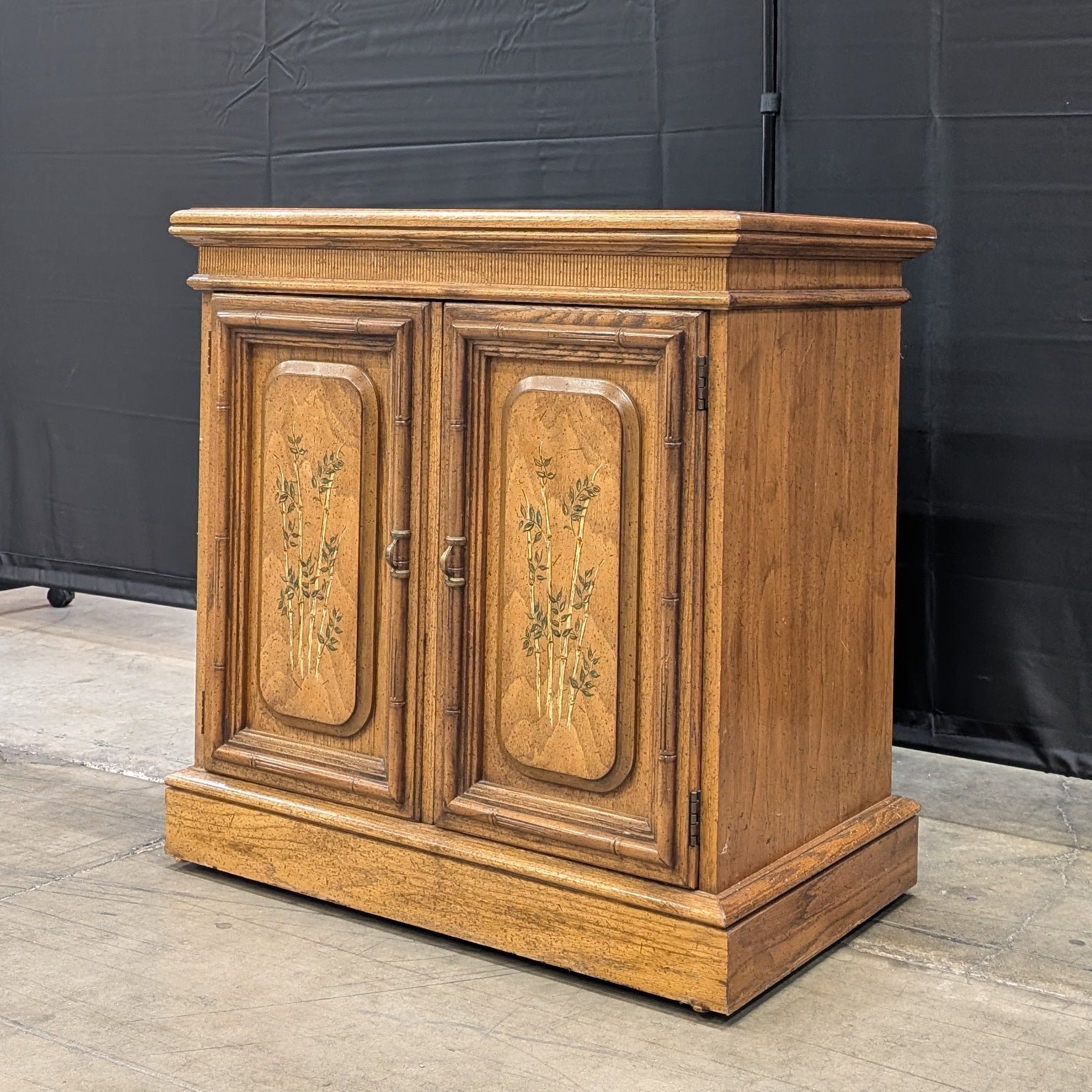 Vintage Chinoiserie Wood Storage Cabinet with Painted Bamboo Motif