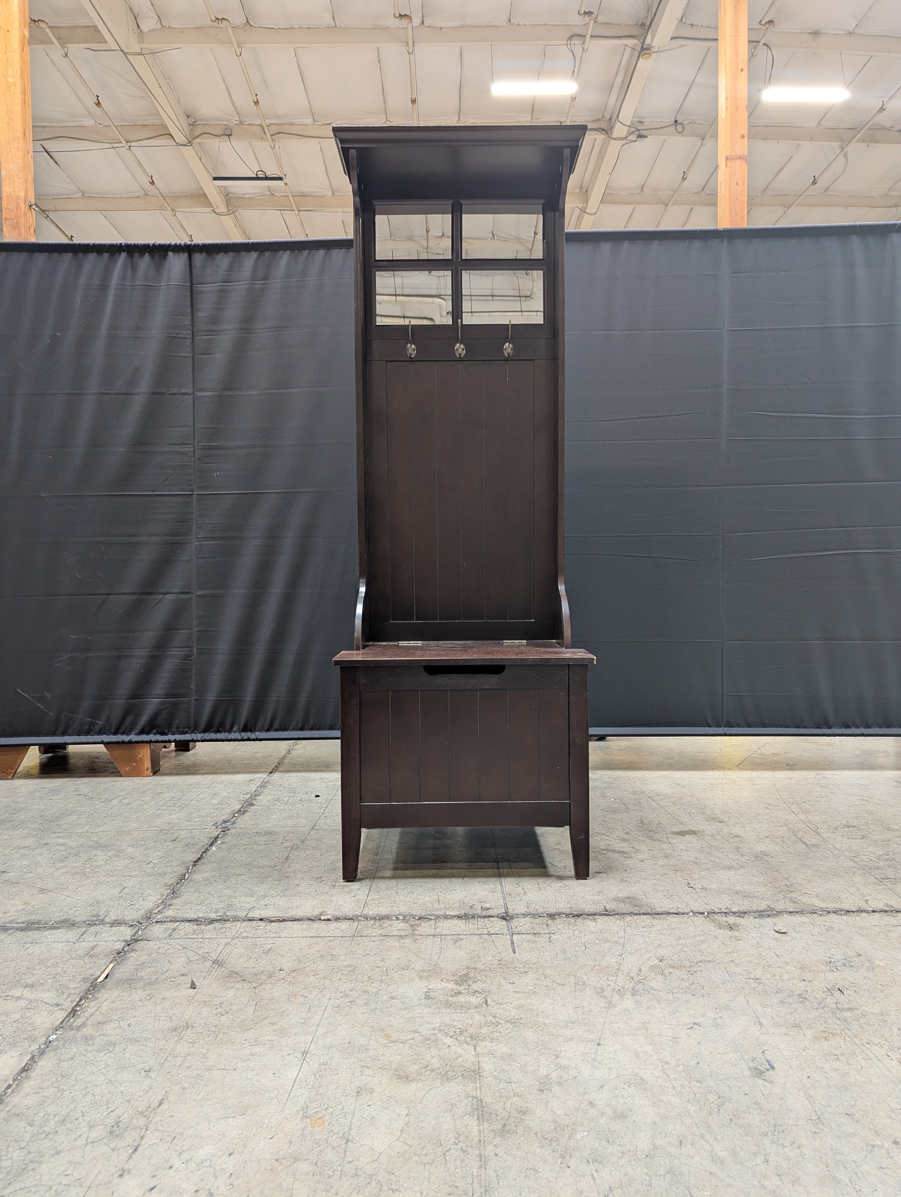 Dark Wood Hall Tree with Mirror and Storage Bench