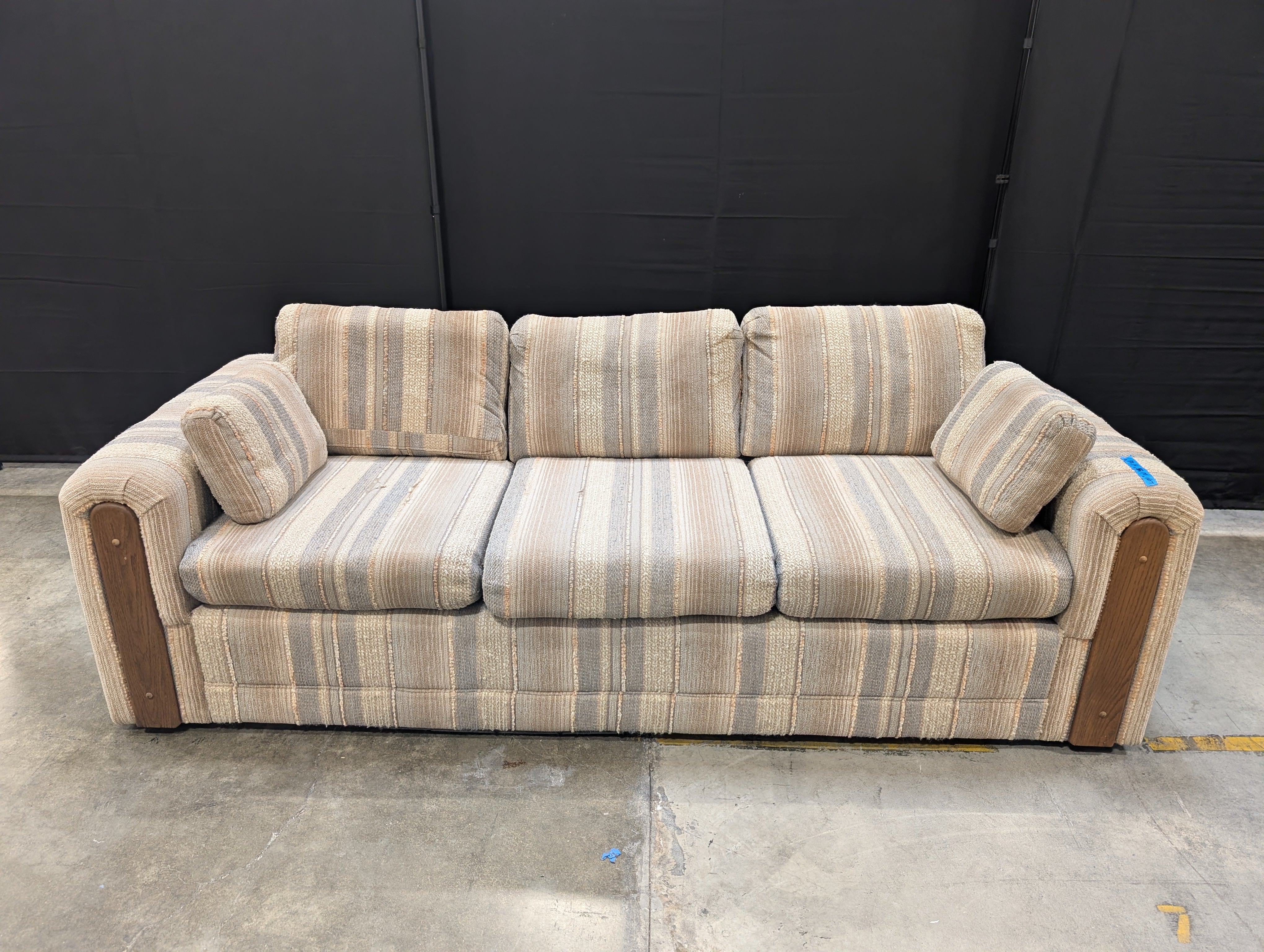 Striped Fabric Three-Seater Sofa with Wood Arm Accents
