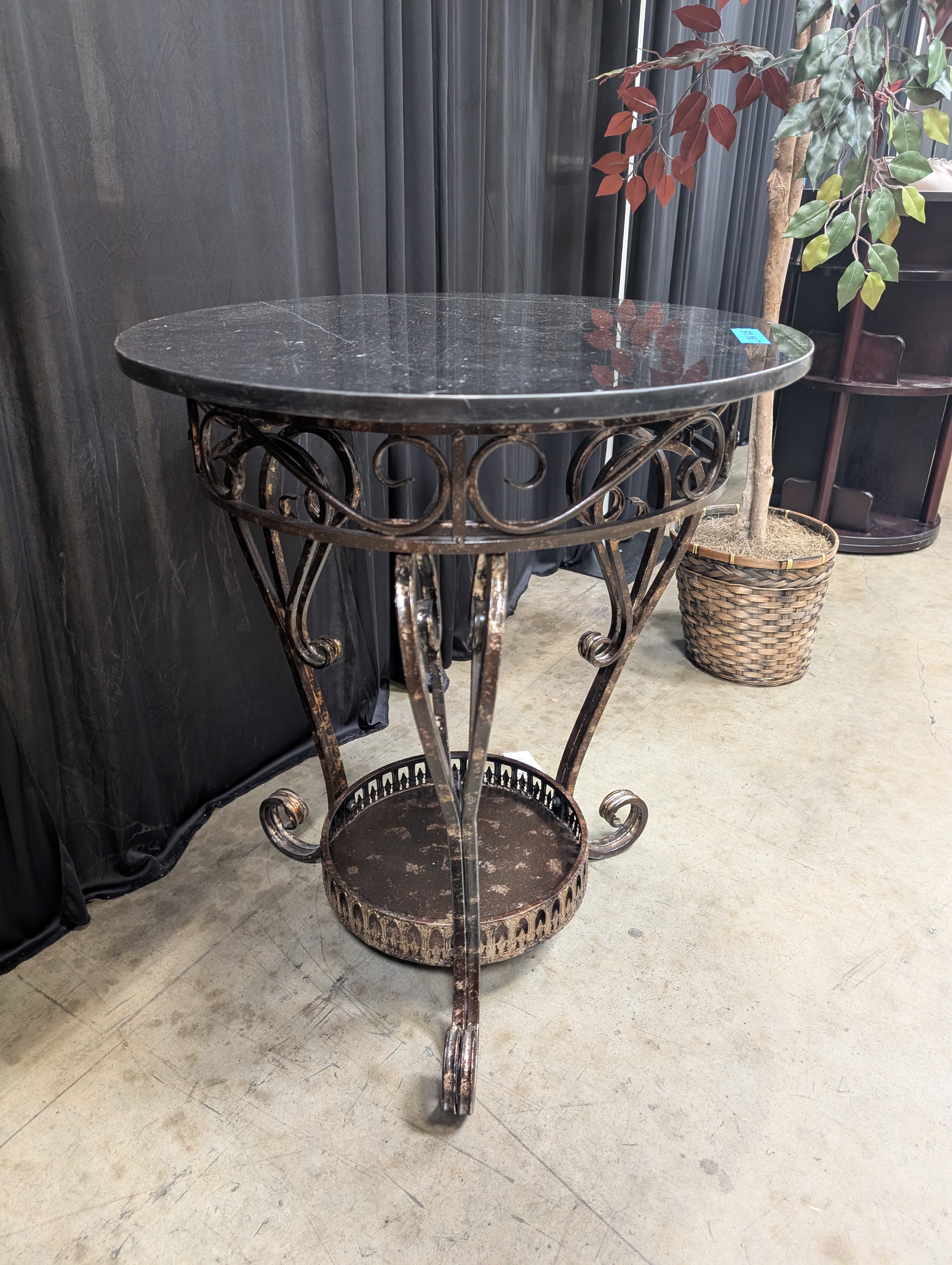 Round Black Marble End Table with Scrollwork Base