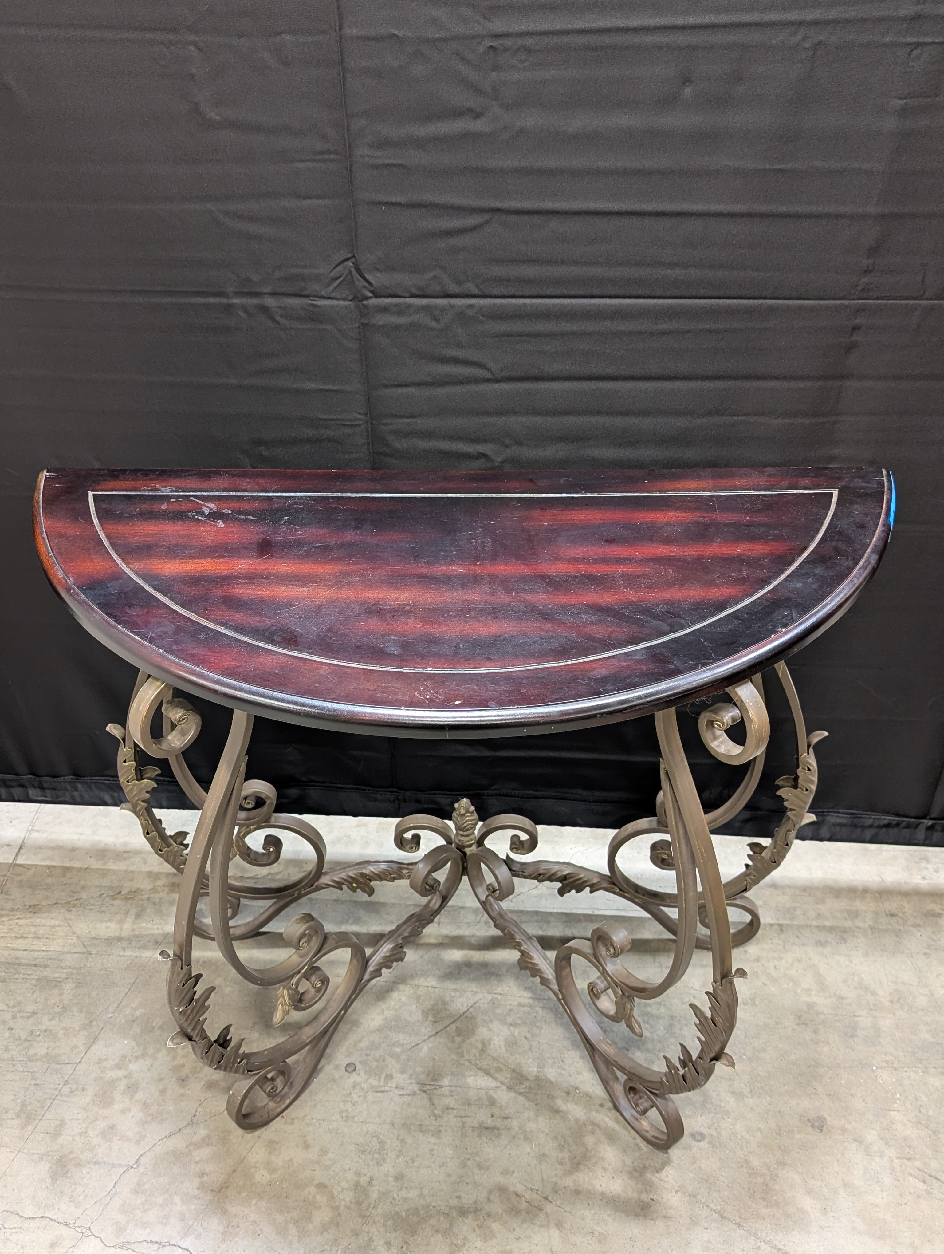 Demilune Console Table with Dark Wood Top and Scroll Metal Base