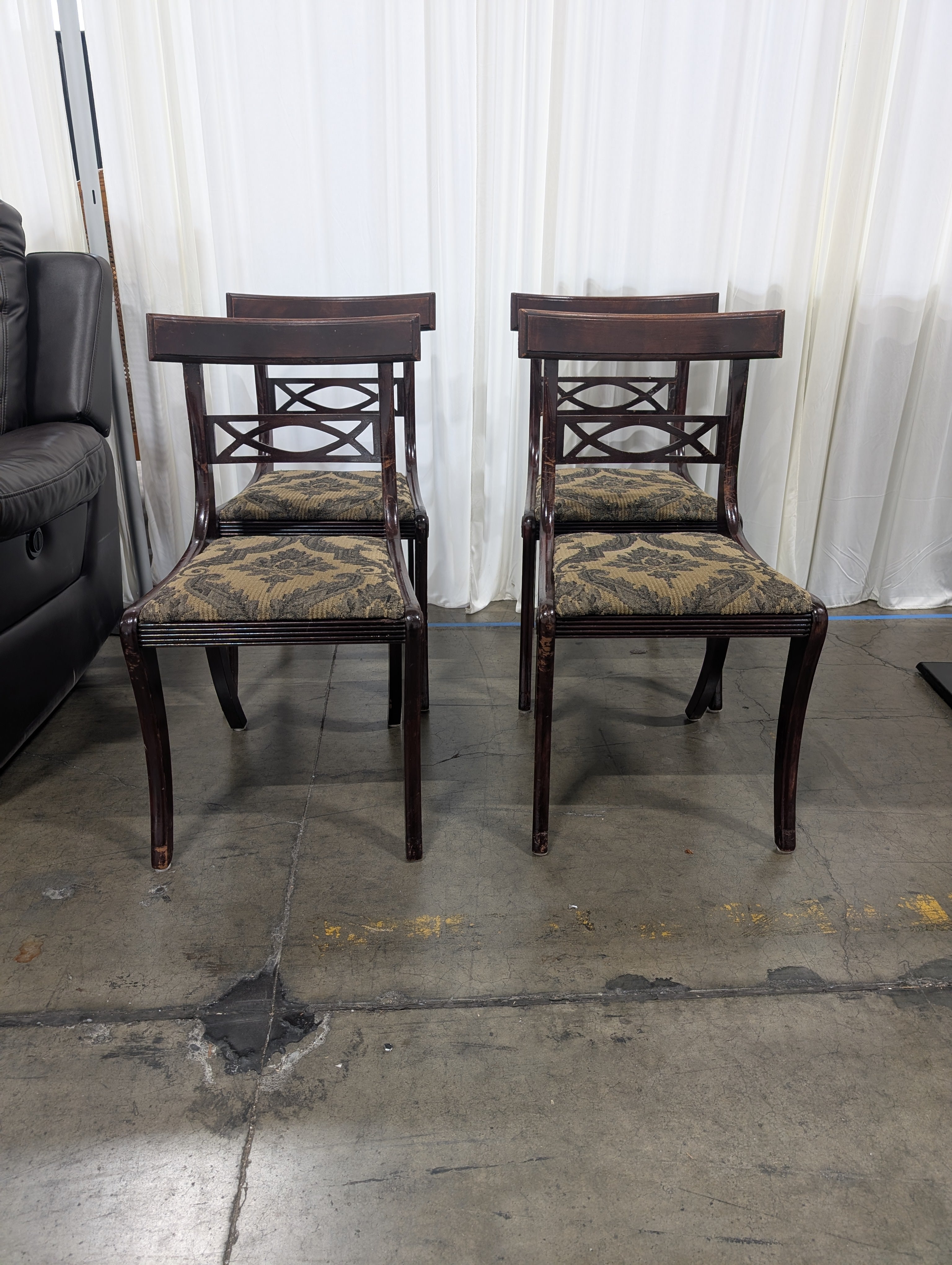 Set of Four Dark Wood Upholstered Dining Chair with X-Back