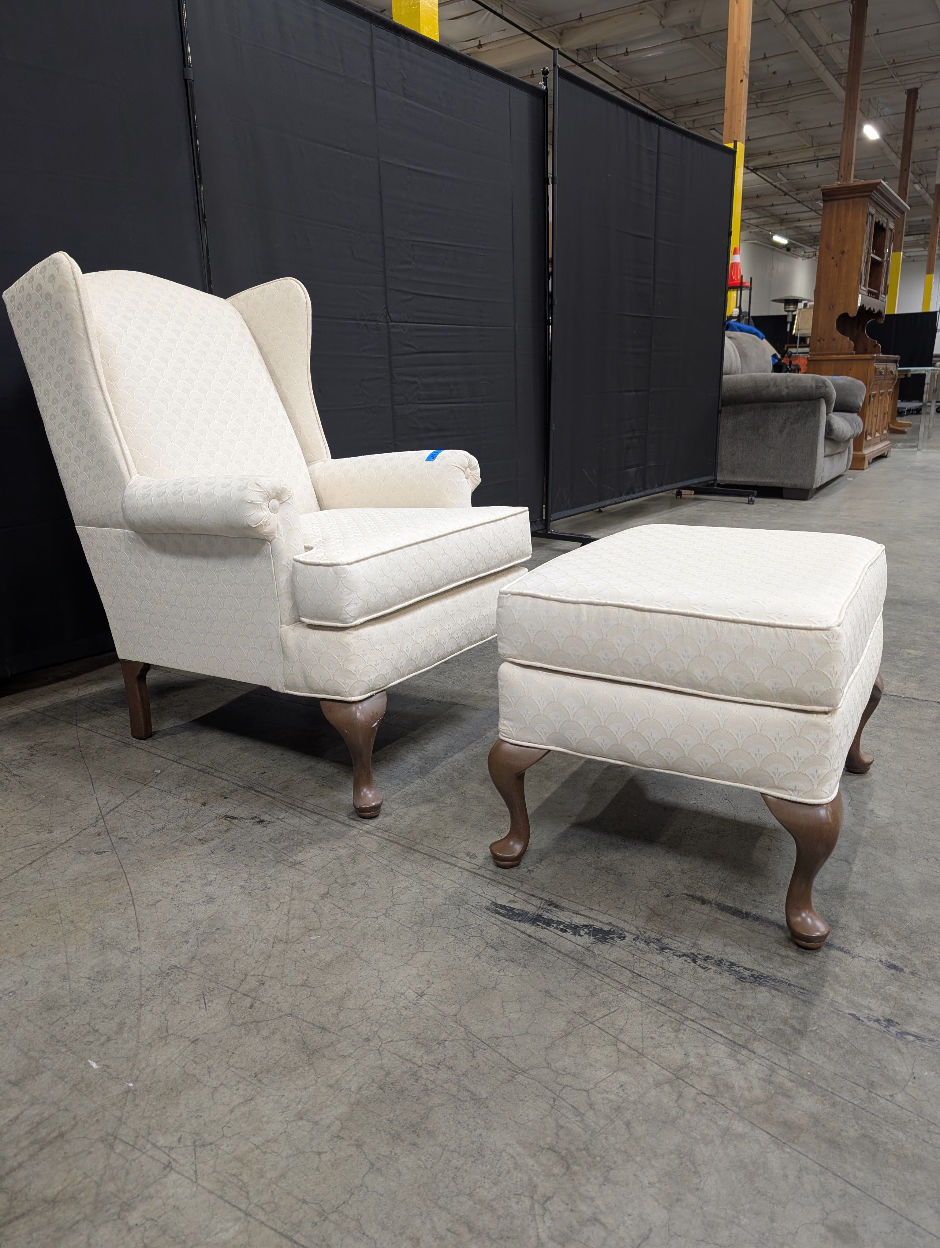 Classic Cream Patterned Wingback Armchair and Ottoman Set
