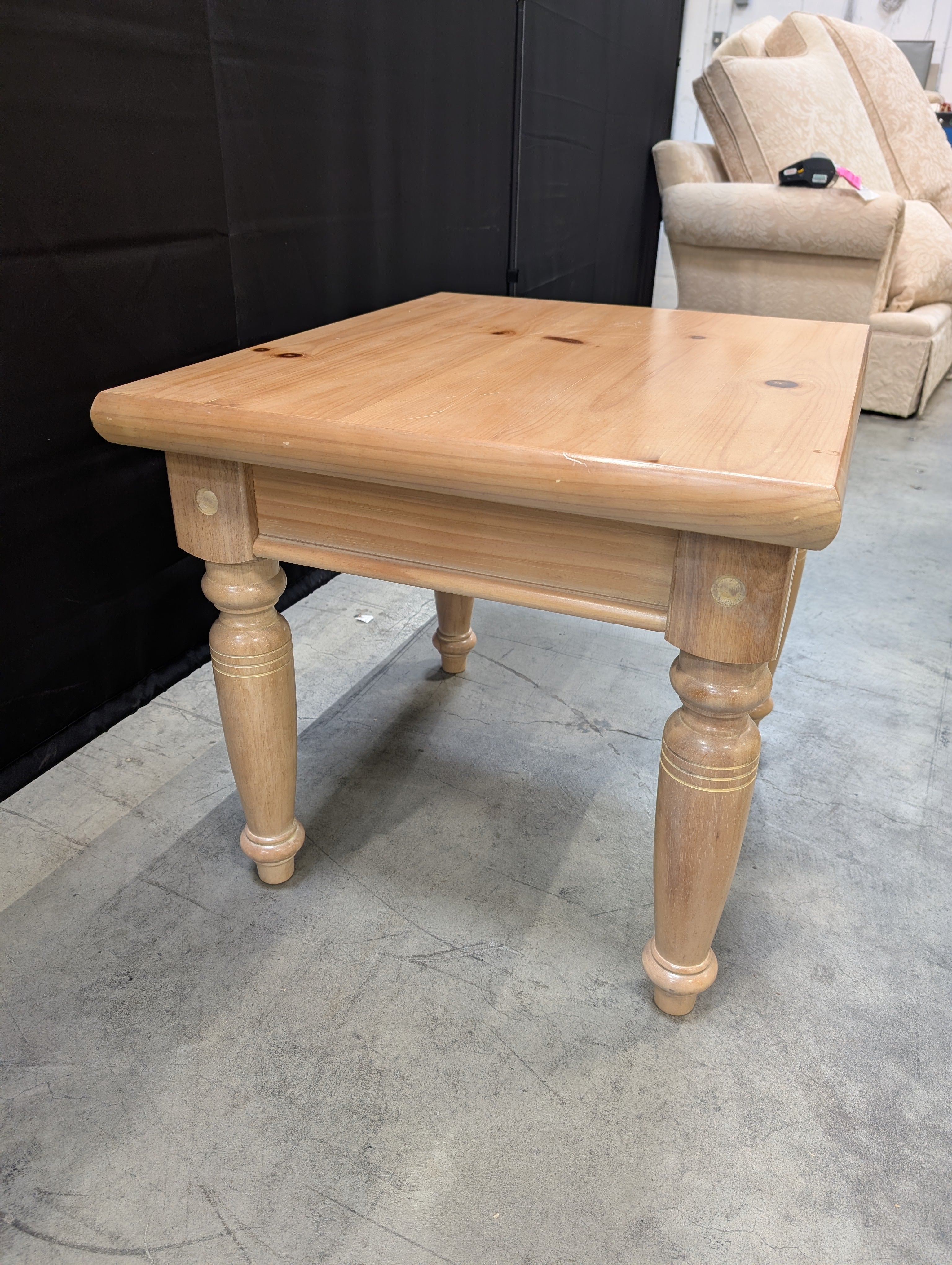 Natural Pine Wood Side Table with Turned Legs