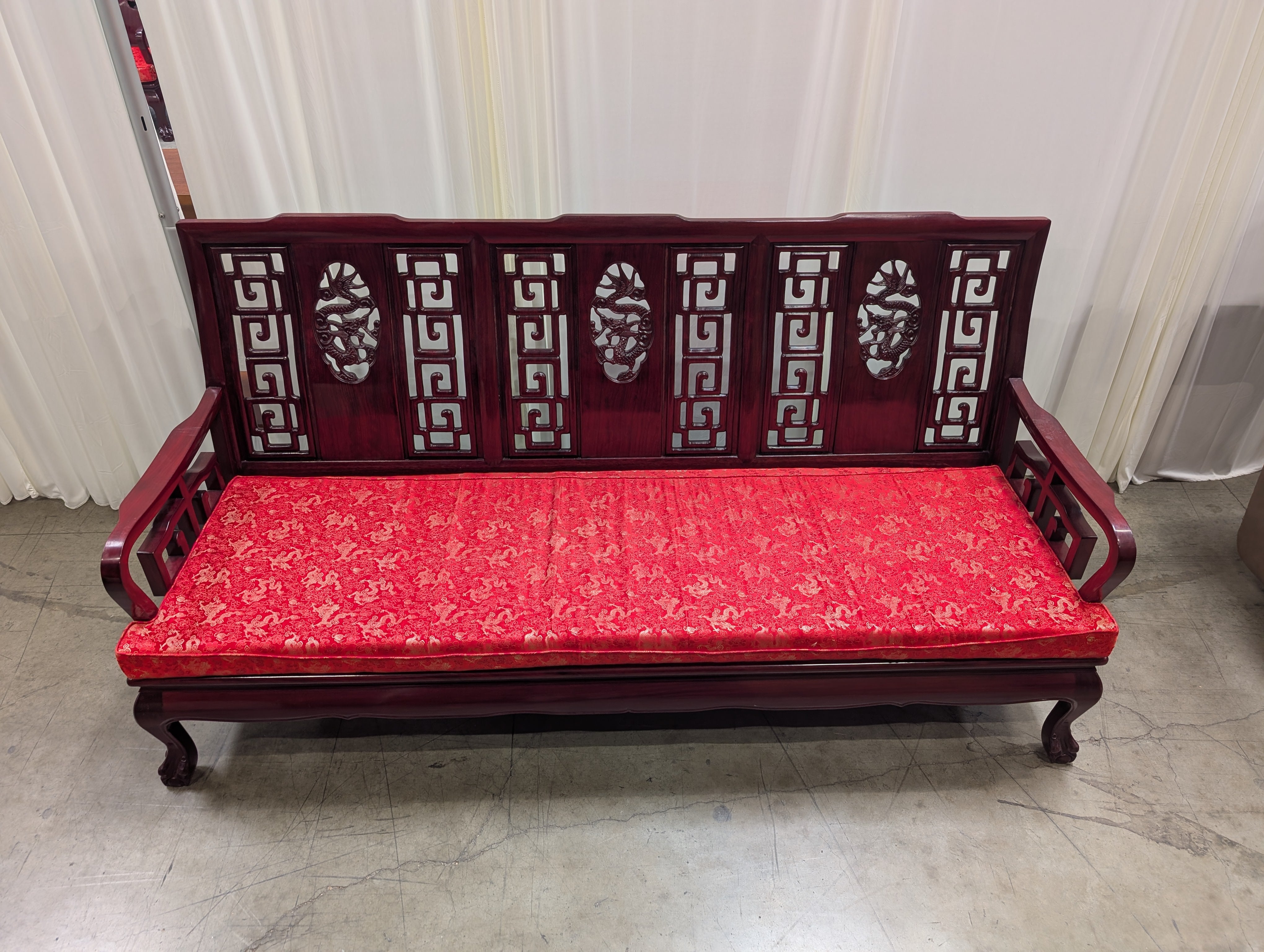 Dark Wood Asian Style Couch with Red Cushion