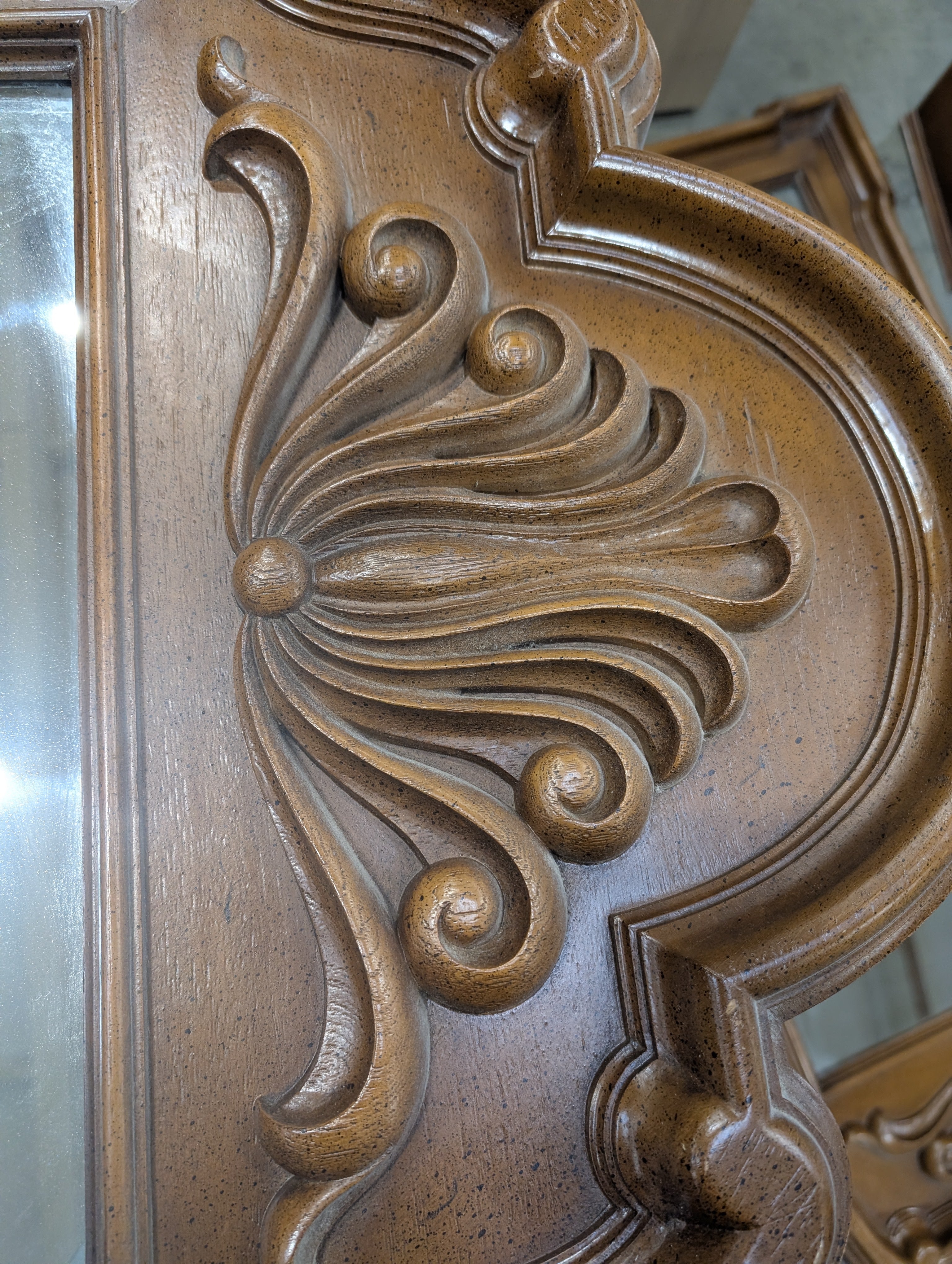 Ornate Traditional Dark Wood Dresser with Nine Drawers and Two Carved Mirrors