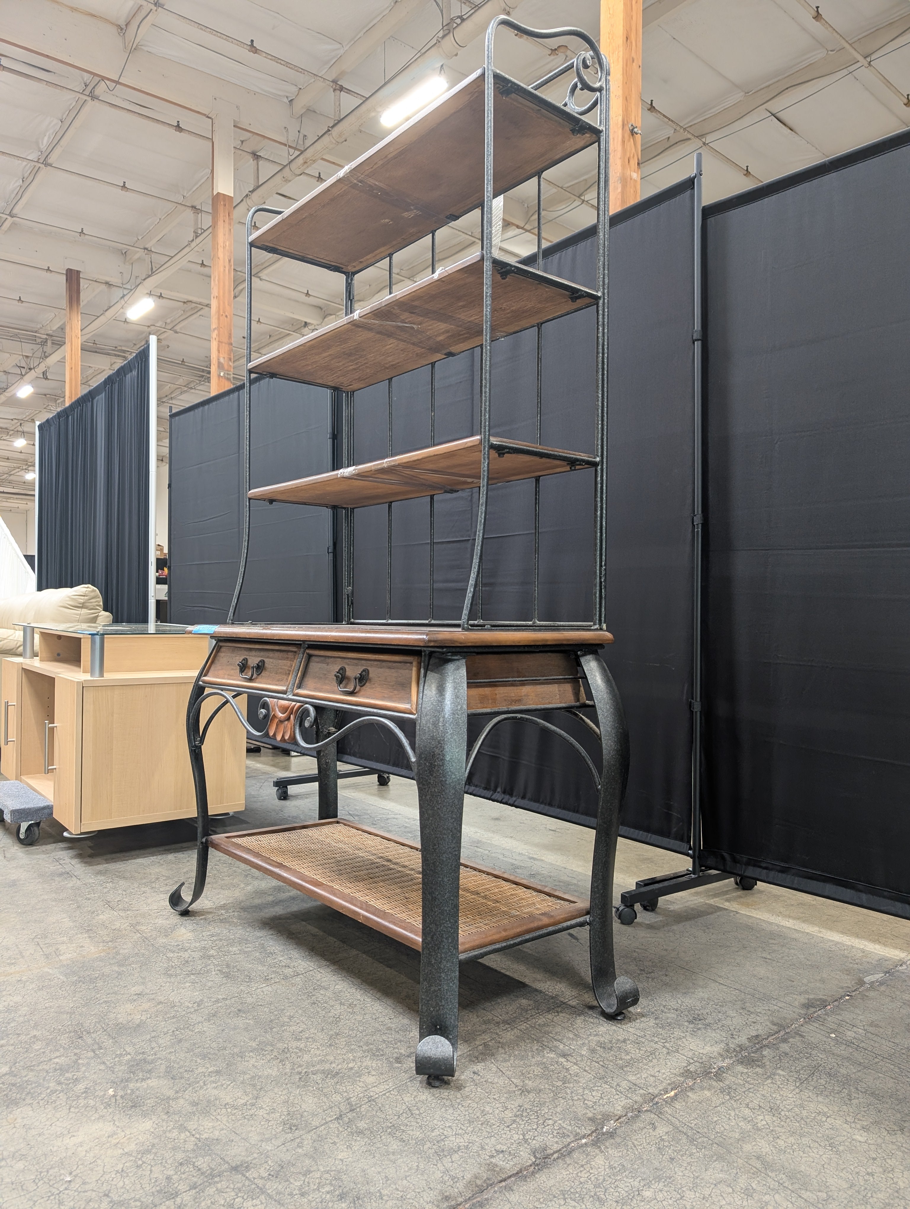 Wrought Iron and Wood Baker's Rack with Drawers