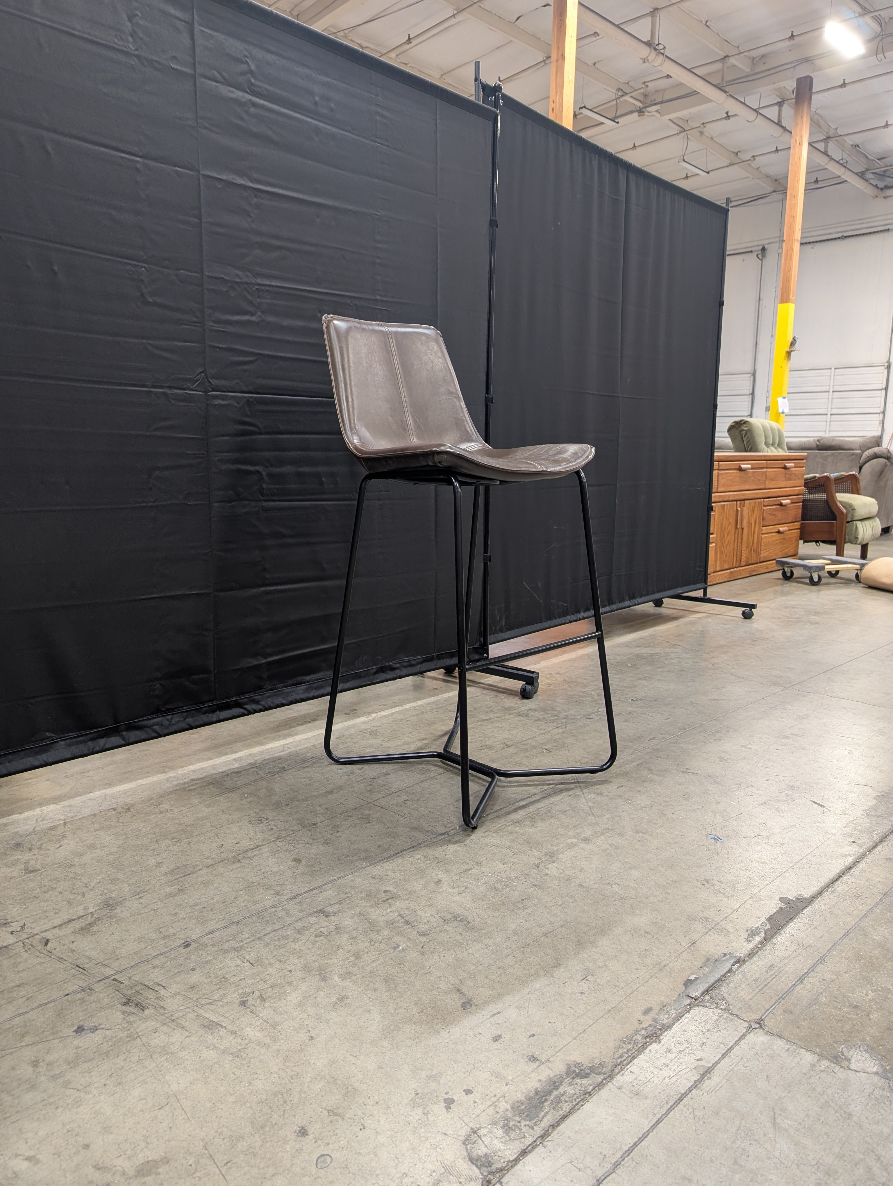 Modern Brown Upholstered Bar Stool with Black Metal Base
