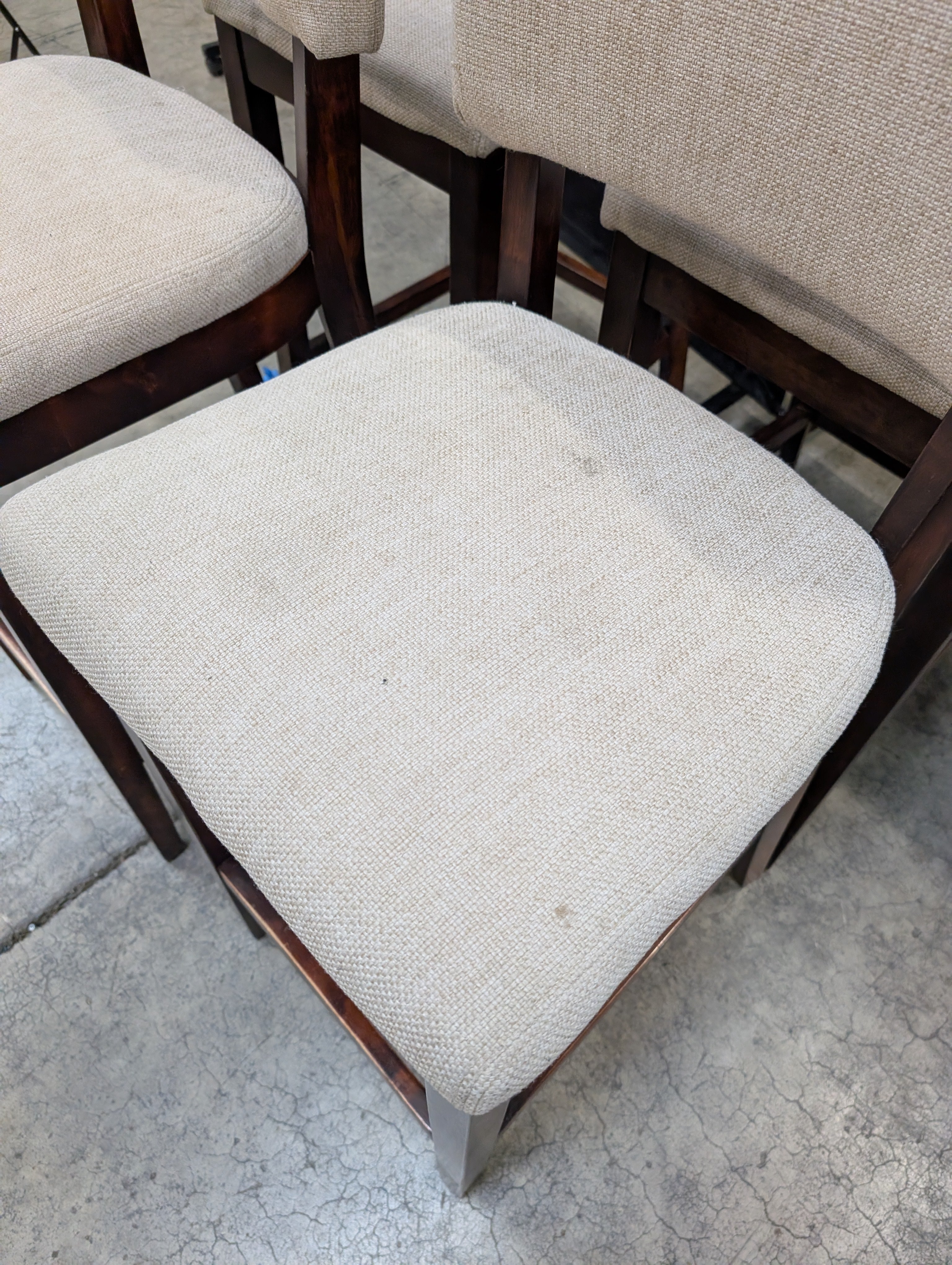 Set of Four Beige Fabric Upholstered Bar Height Dark Wood Dining Chairs