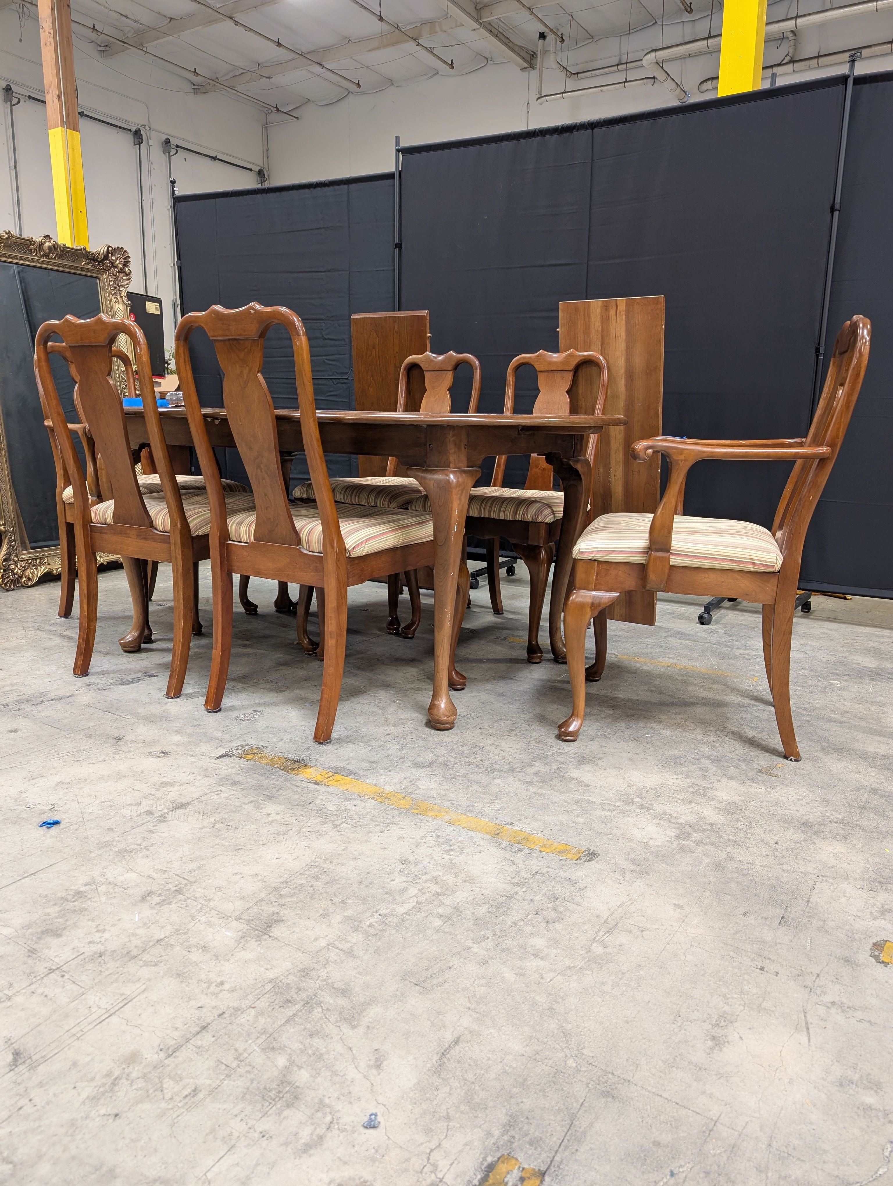 L. & J.G. Stickley Furniture Wood Dining Table with Leafs and Set of Six Carved Back Chairs