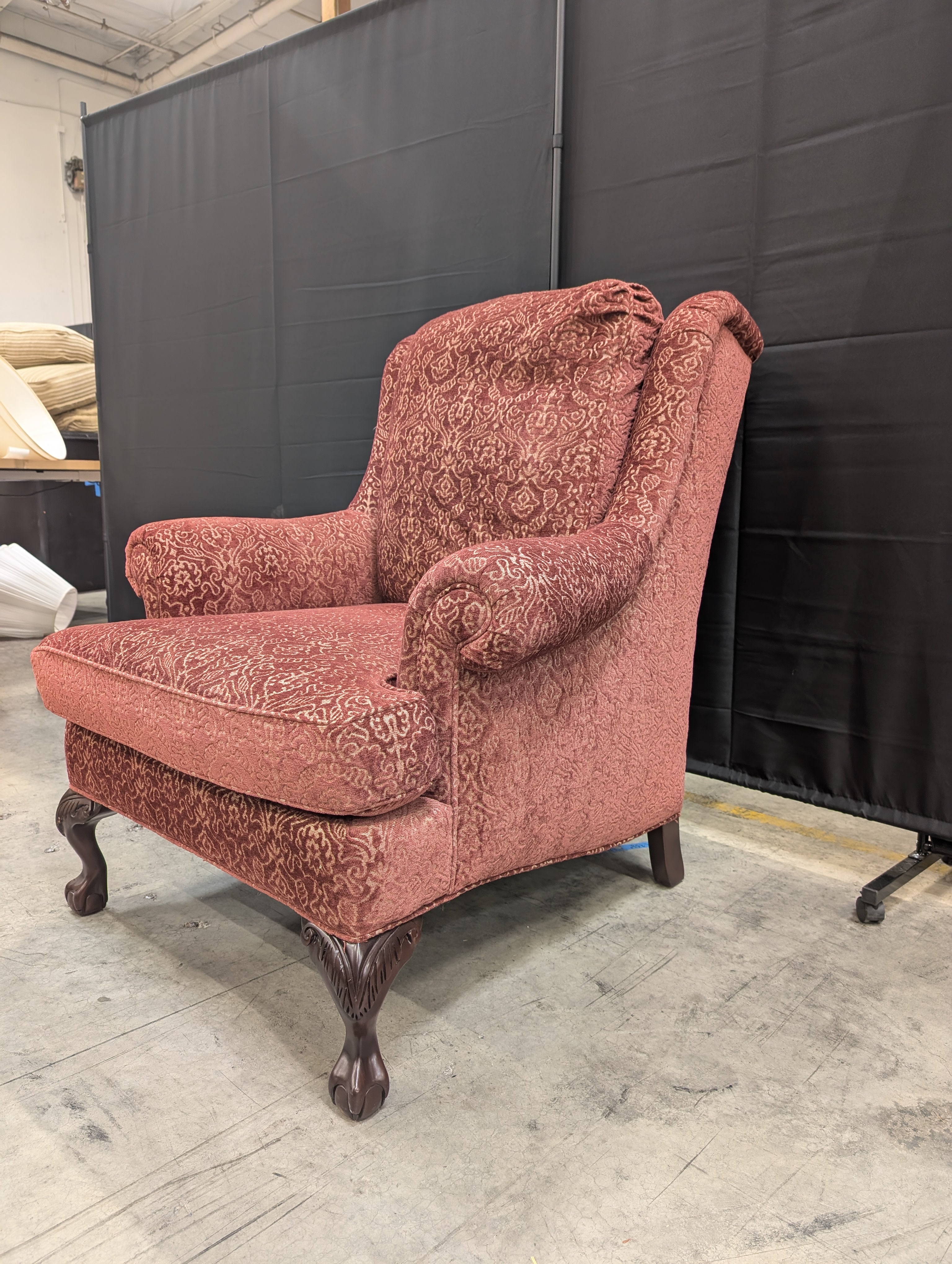 Burgundy Wingback Jessica Charles Armchair with Carved Legs