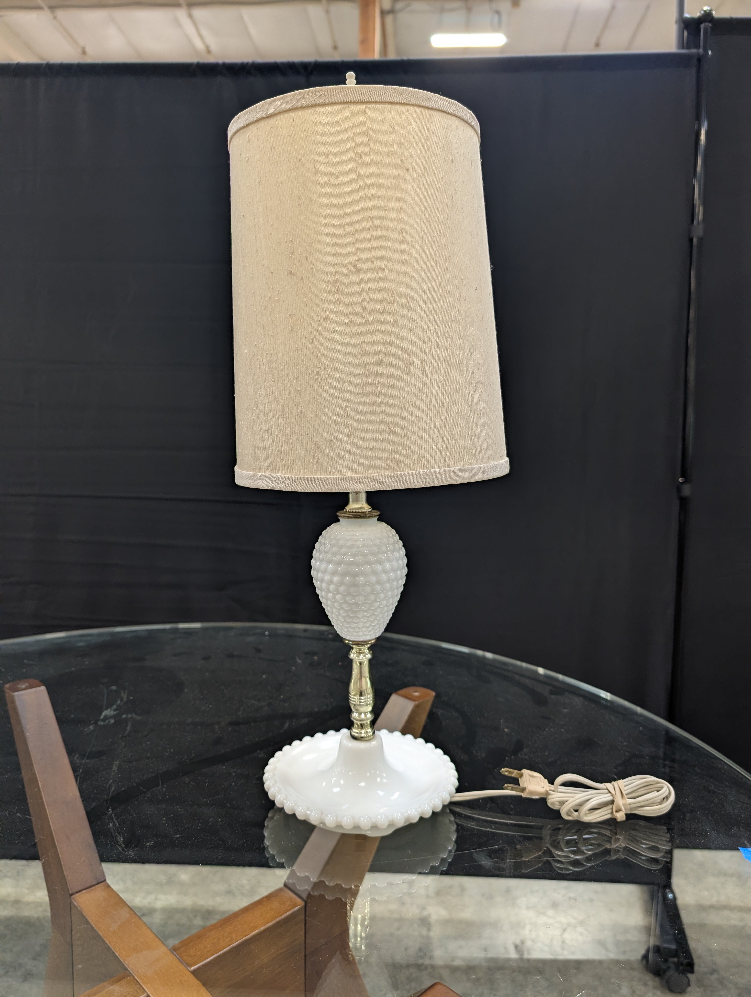 Vintage Style Hobnail Milk Glass Table Lamp with Fabric Shade