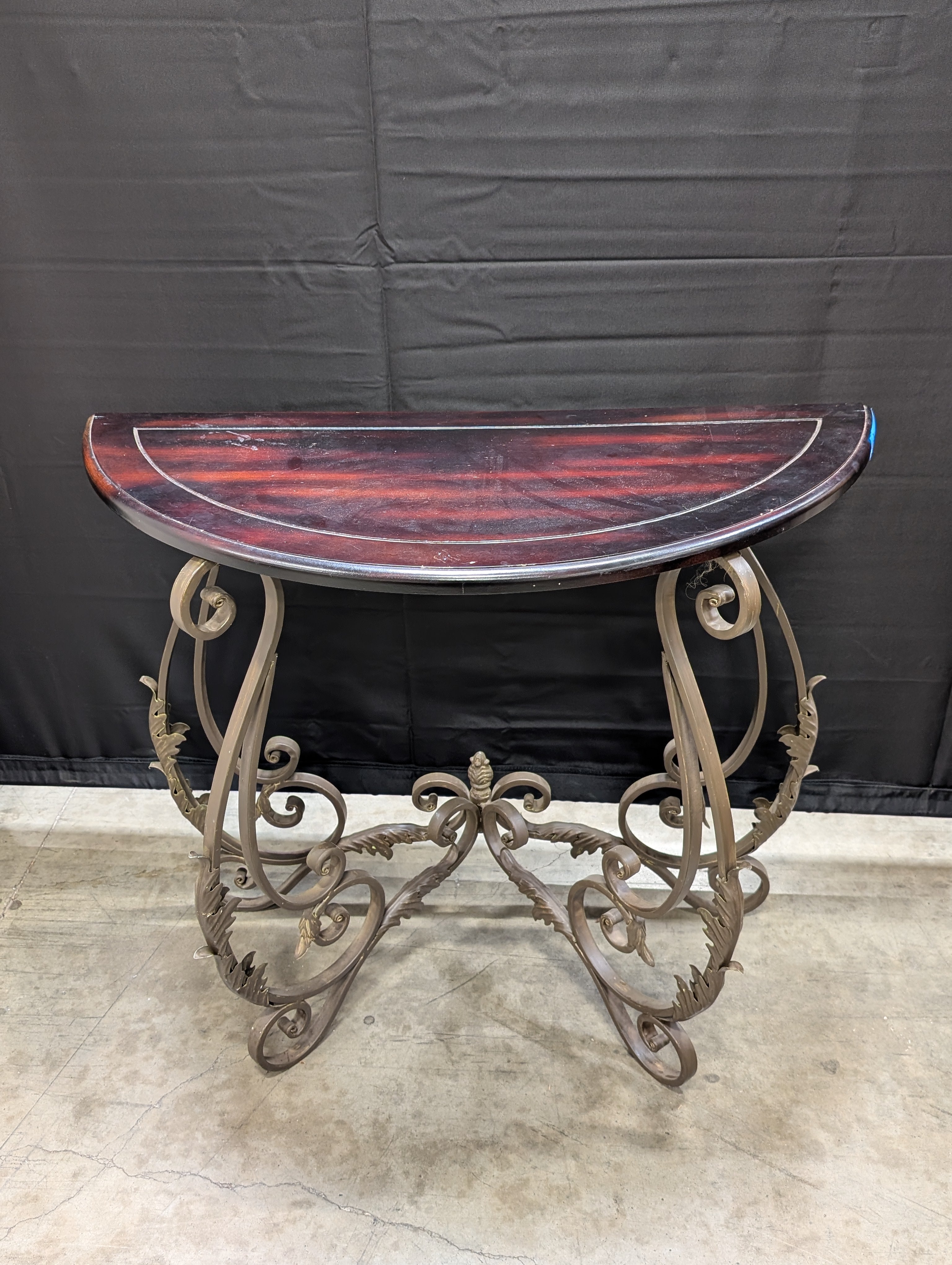 Demilune Console Table with Dark Wood Top and Scroll Metal Base