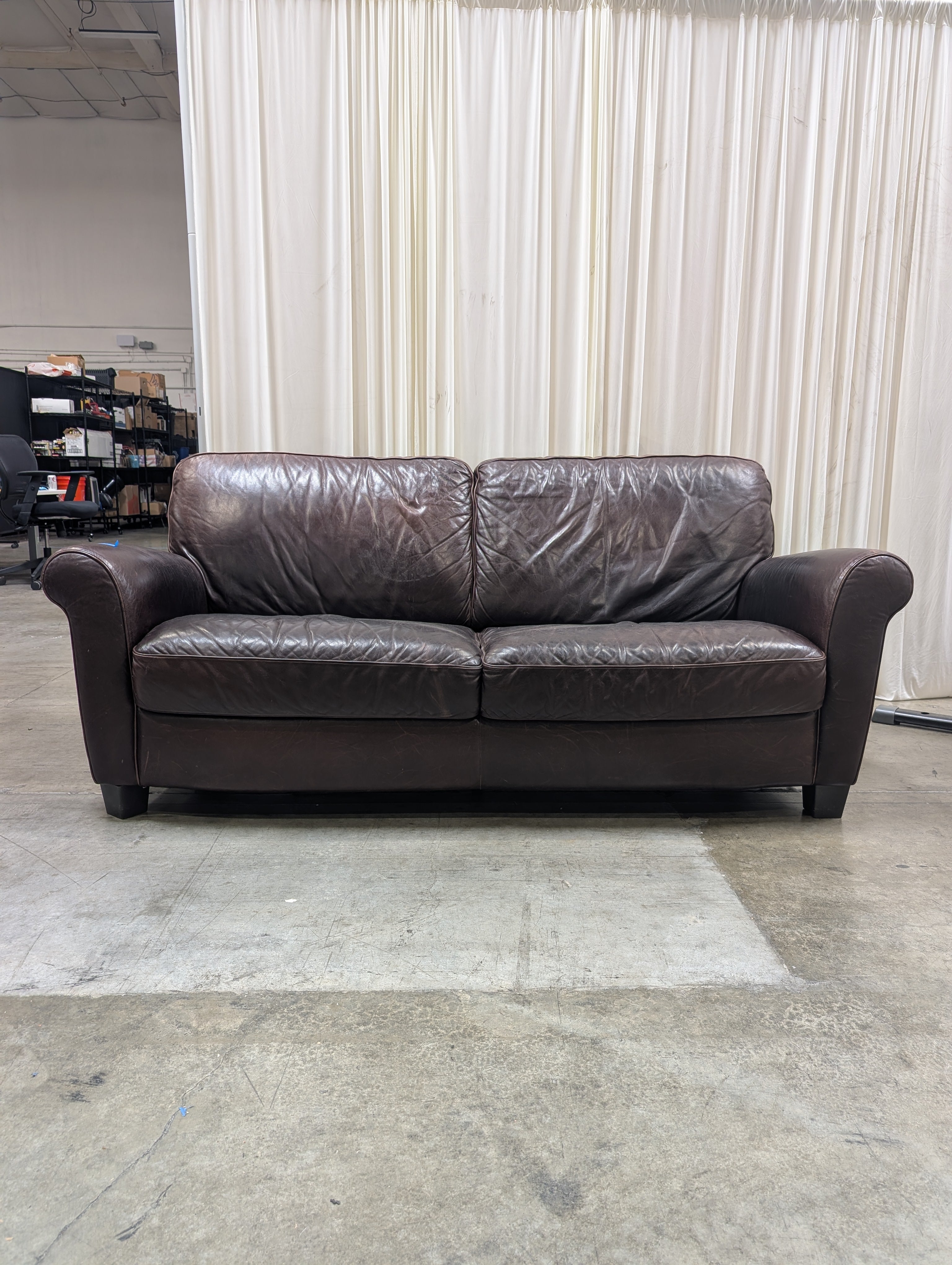 Dark Brown Rolled Arm Couch in Leather