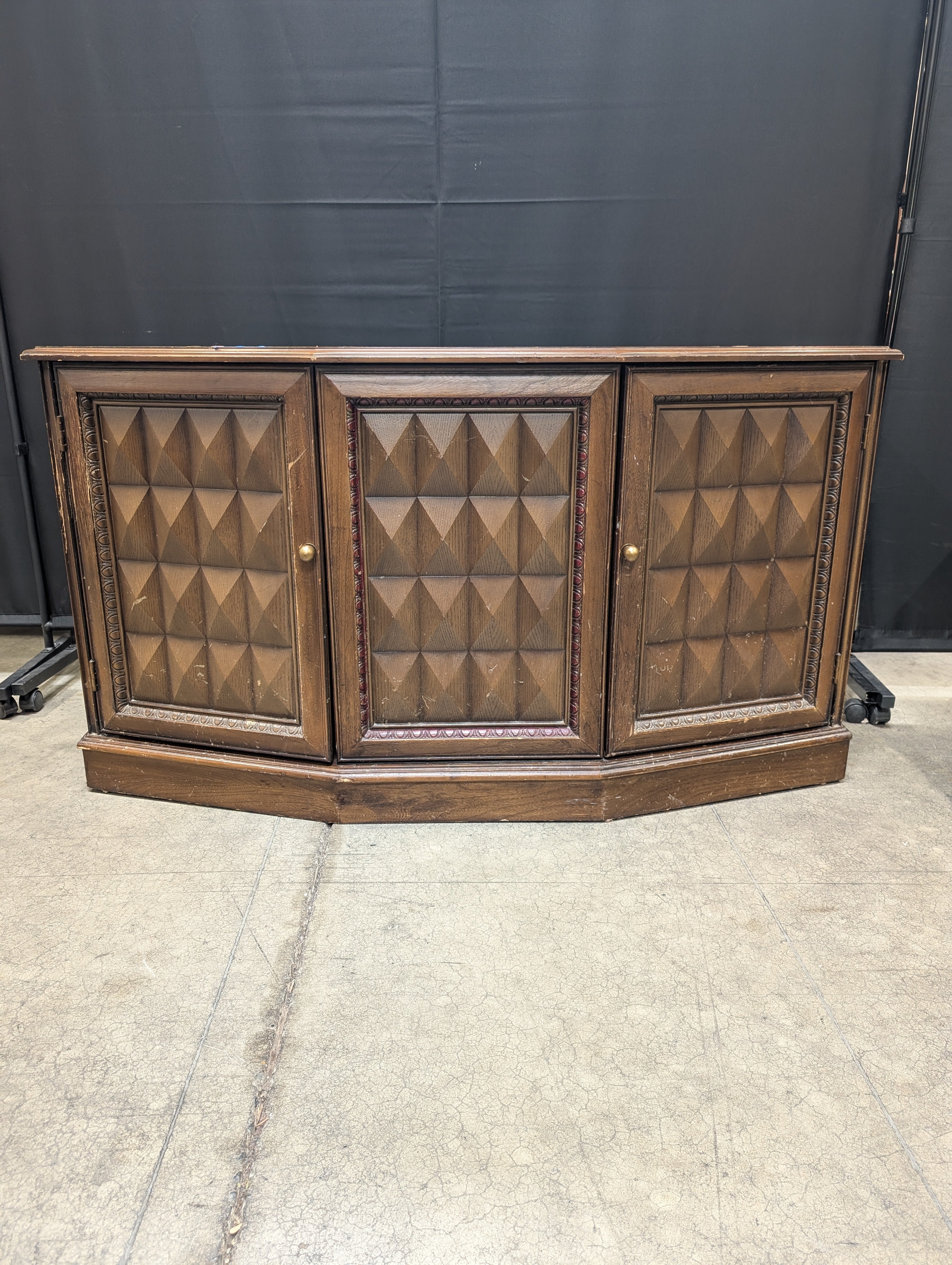 Vintage Dark Wood Corner Storage Cabinet with Geometric Doors
