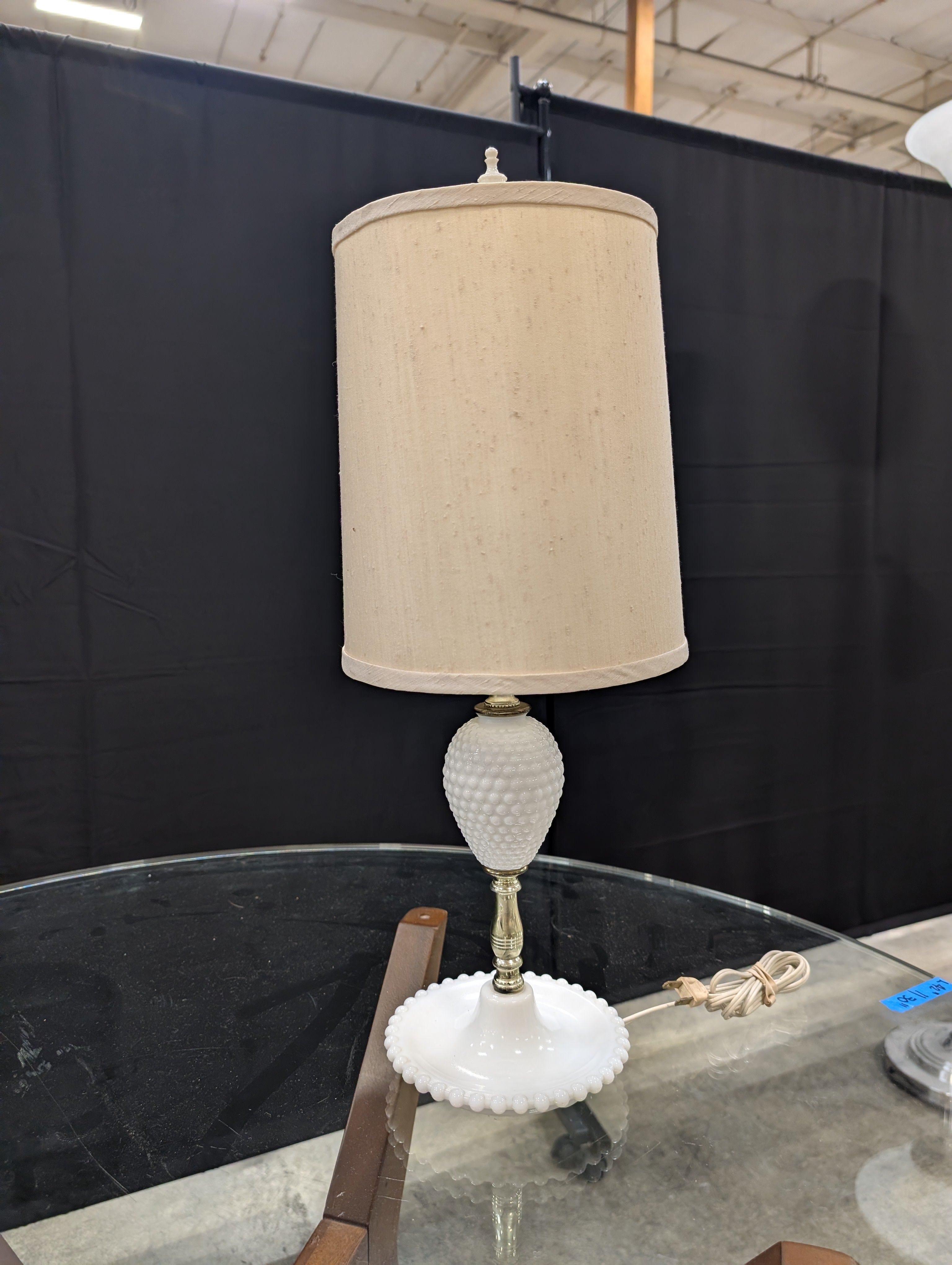 Vintage Style Hobnail Milk Glass Table Lamp with Fabric Shade