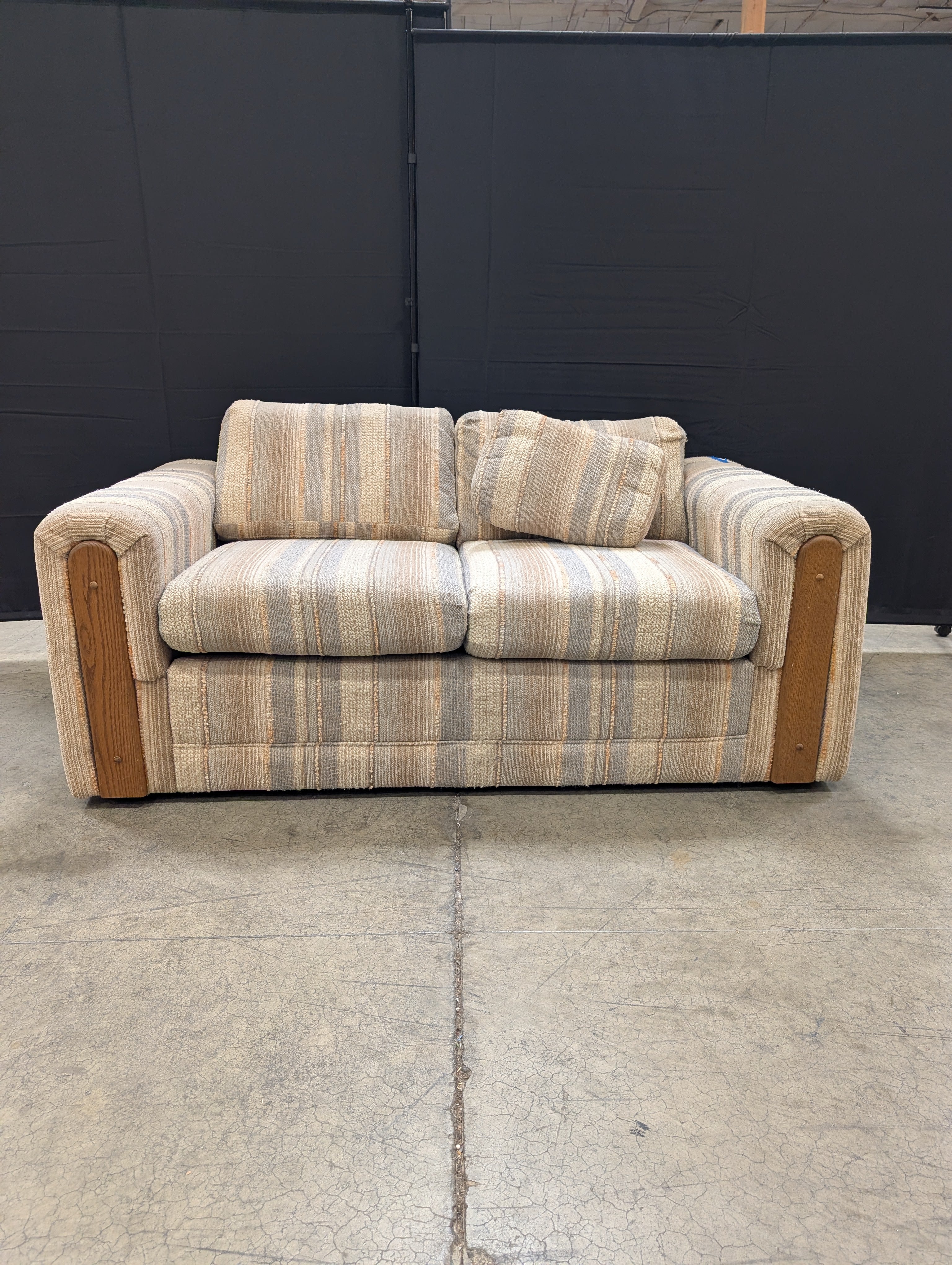 Neutral Stripe Upholstered Loveseat with Wood Arm Accents