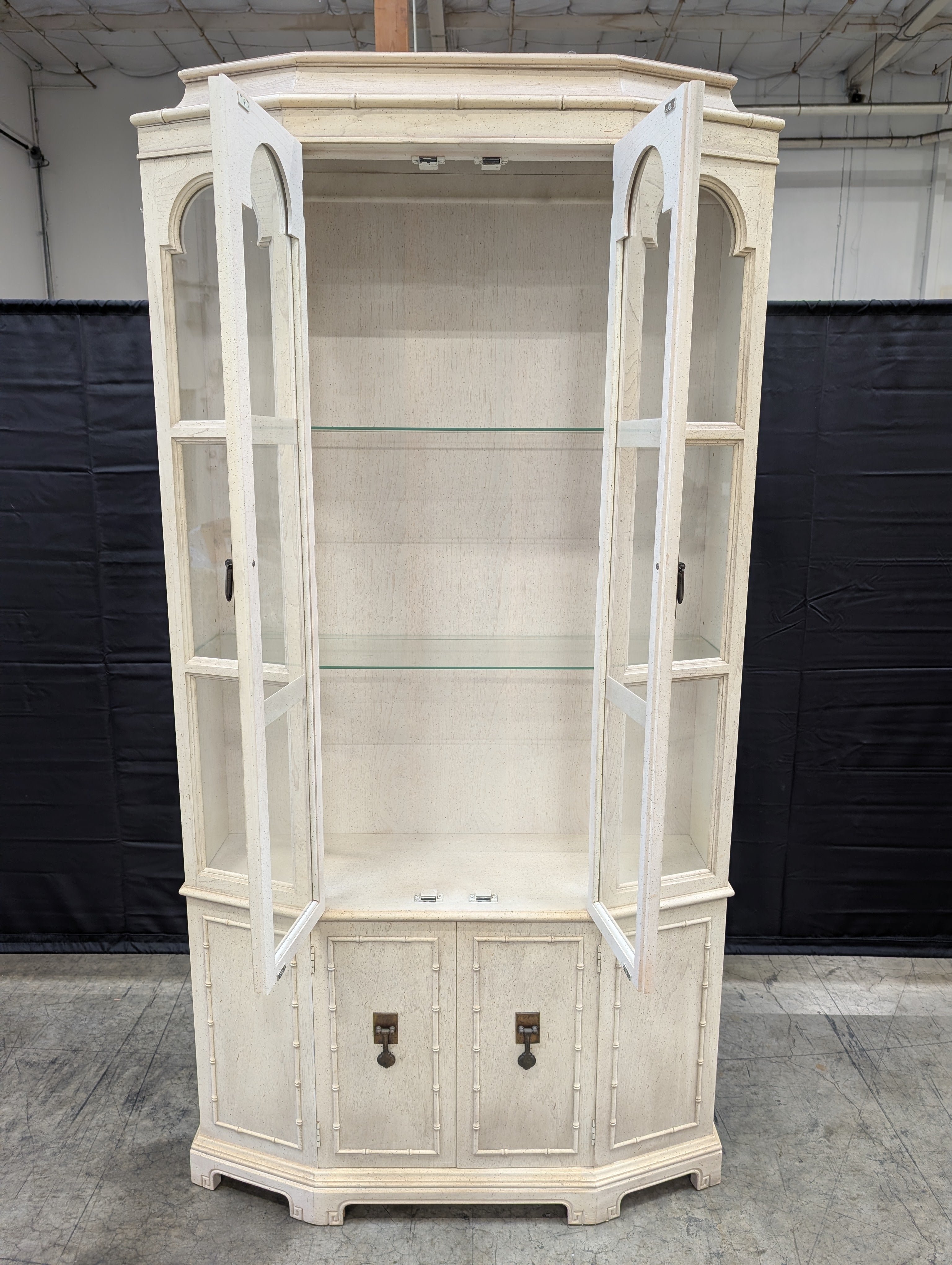 Distressed White Wood Display Hutch with Arched Glass Doors