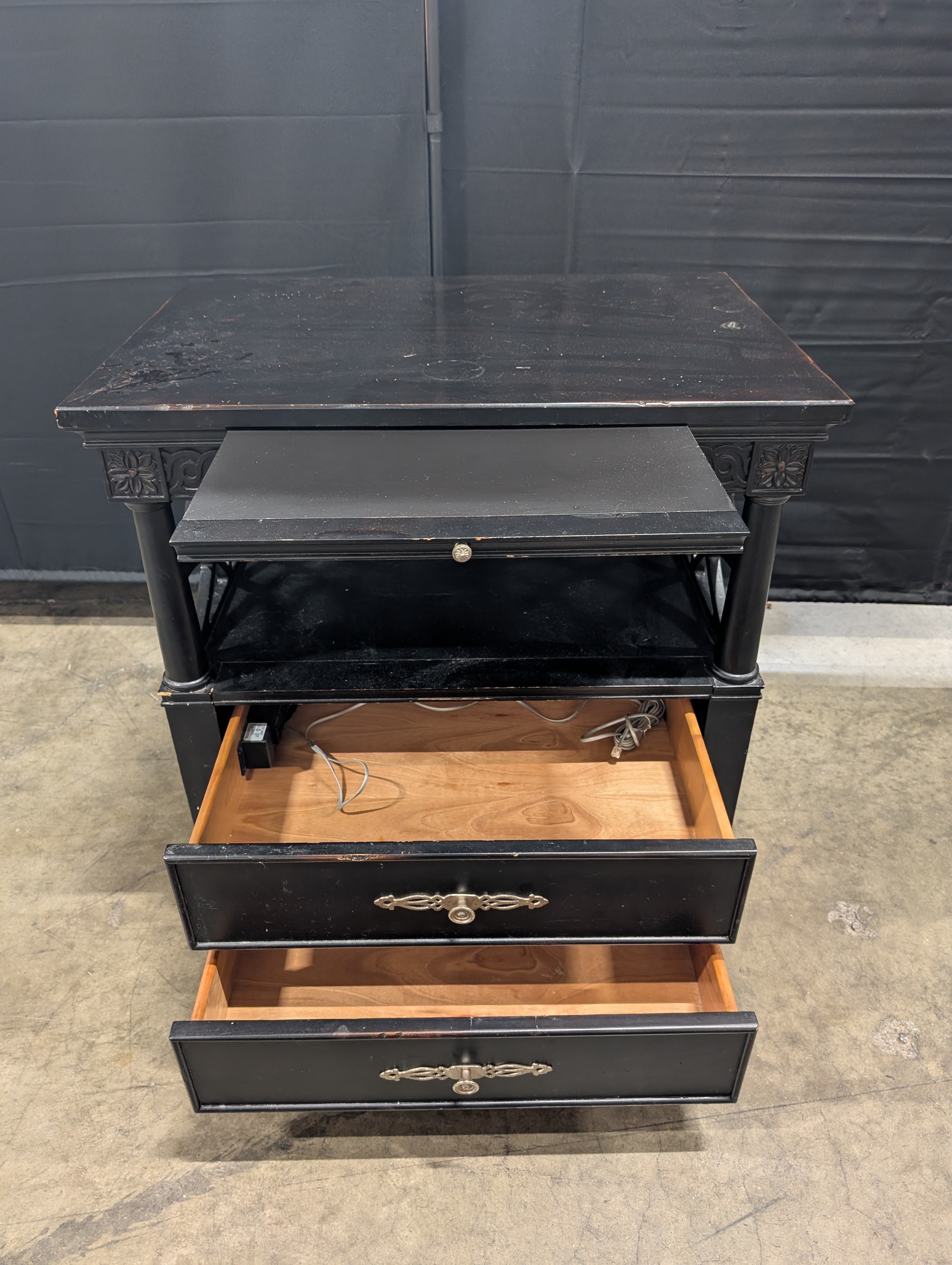 Dark Wood Two-Drawer Nightstand with Open Shelf