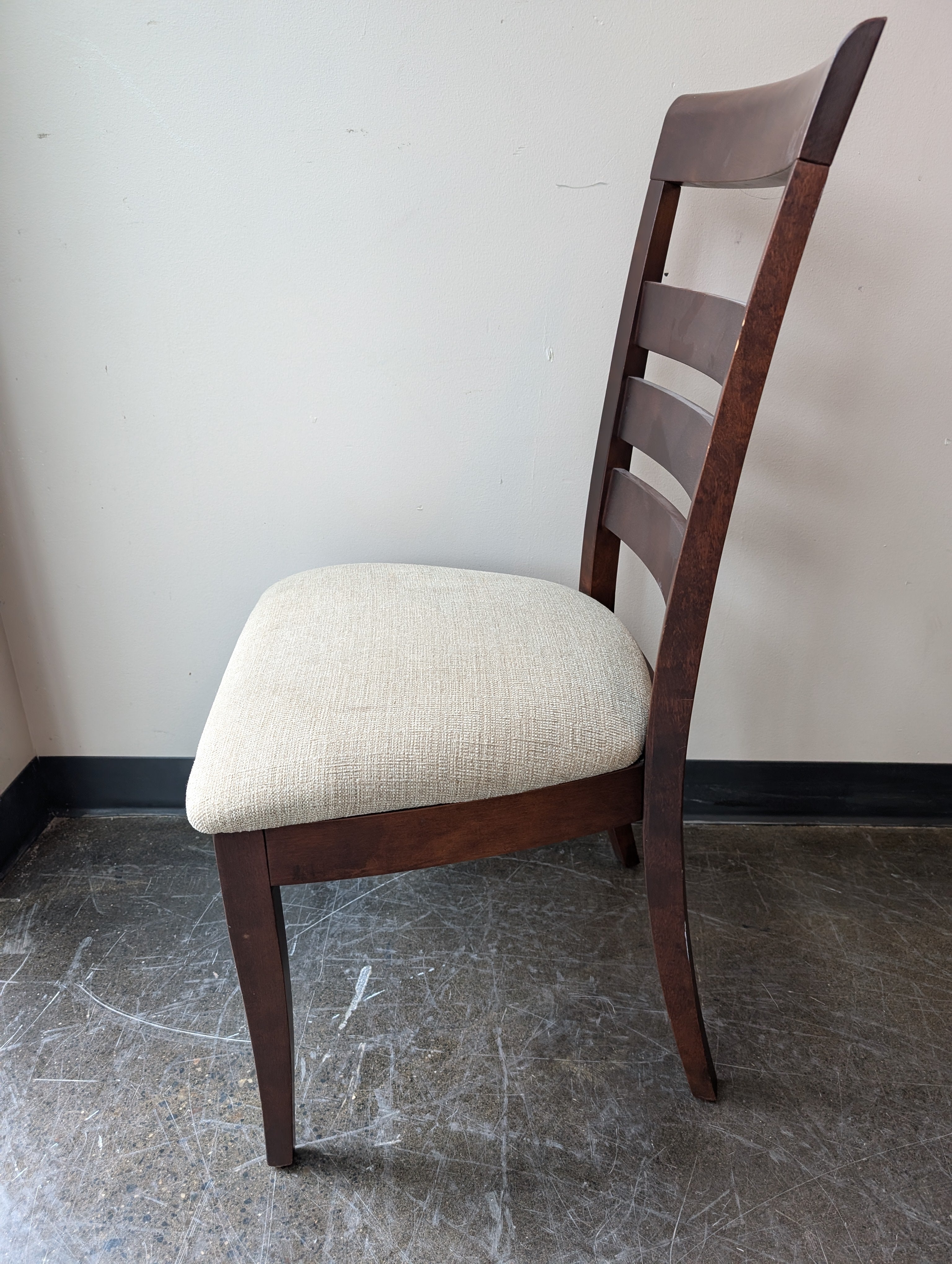 Set of Six Contemporary Dark Wood Slatted Back Dining Chair with Beige Upholstery