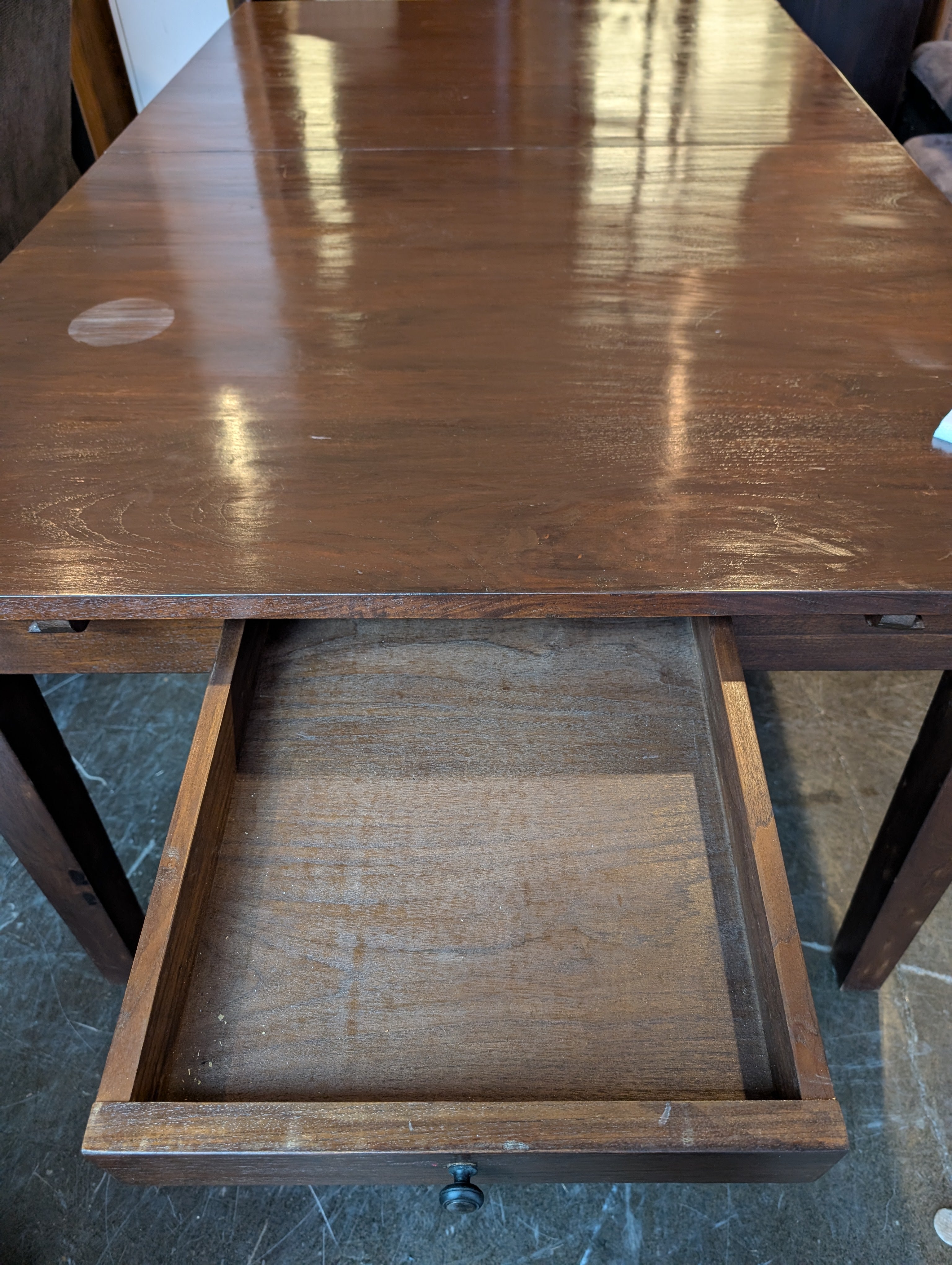 Sturdy Rectangular Dark Wood Dining Table with built in leaf and two drawers