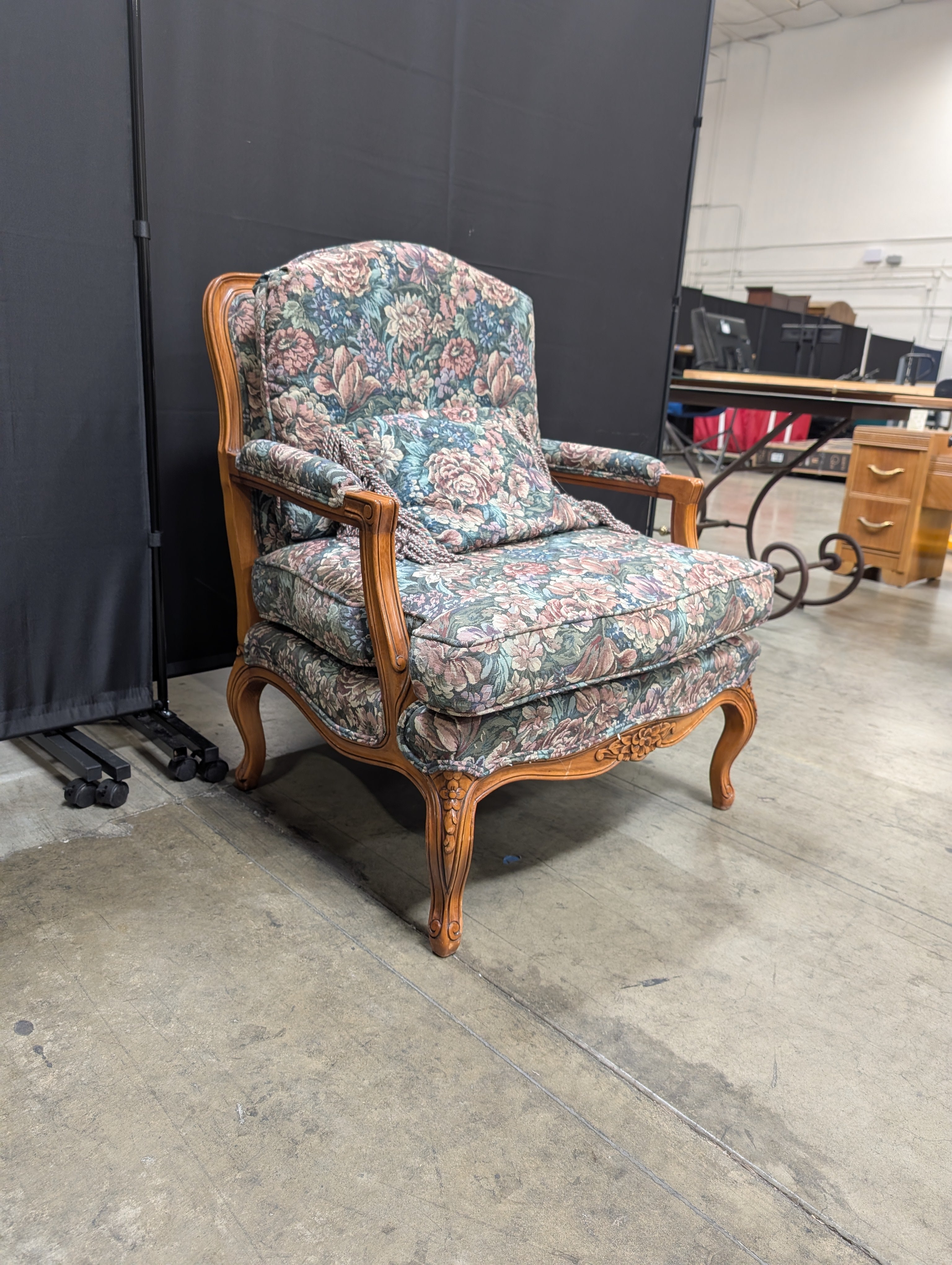 Vintage Floral Upholstered Carved Wood Armchair