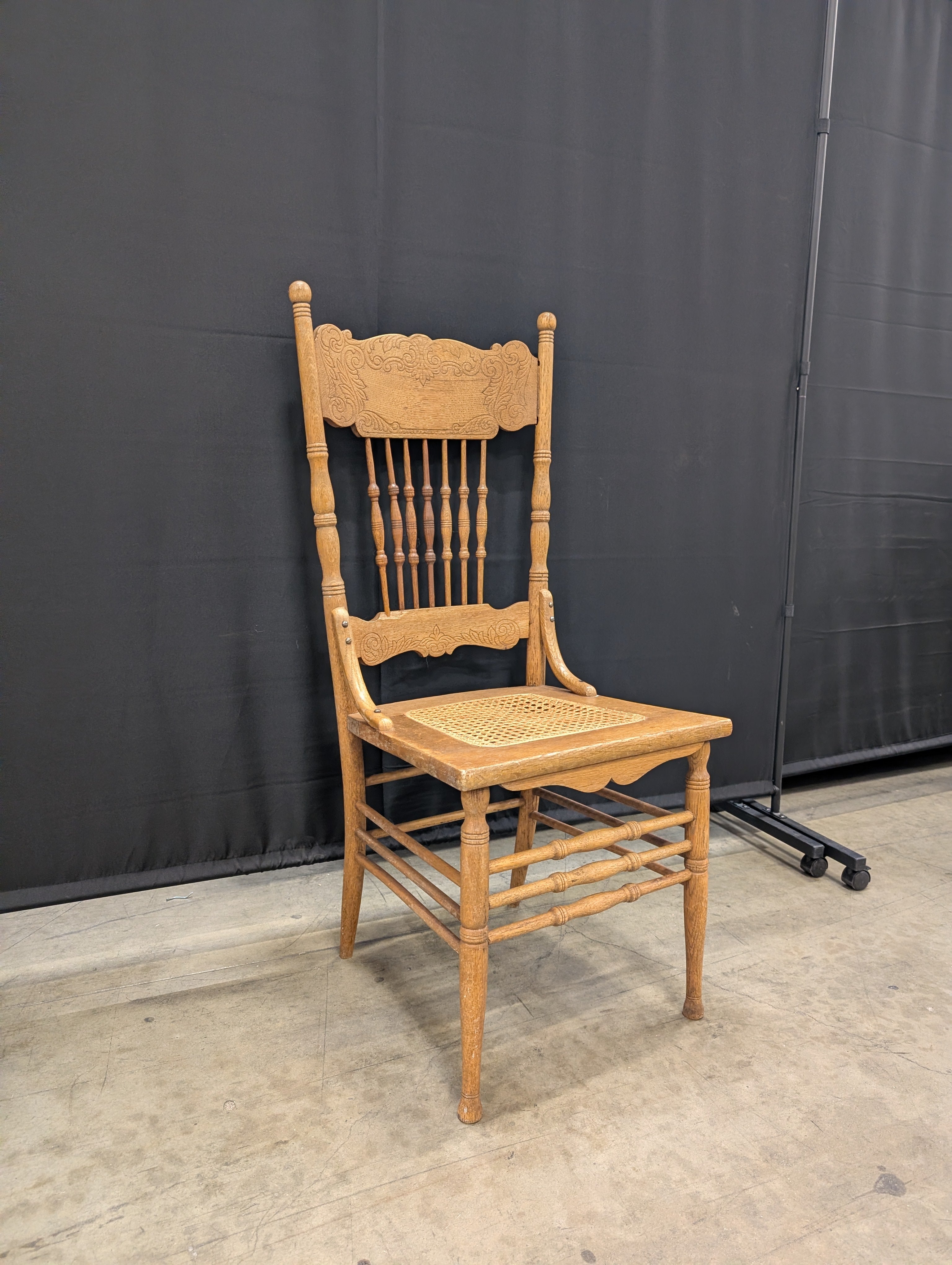 Vintage Carved Wood Spindle Back Cane Seat Chair