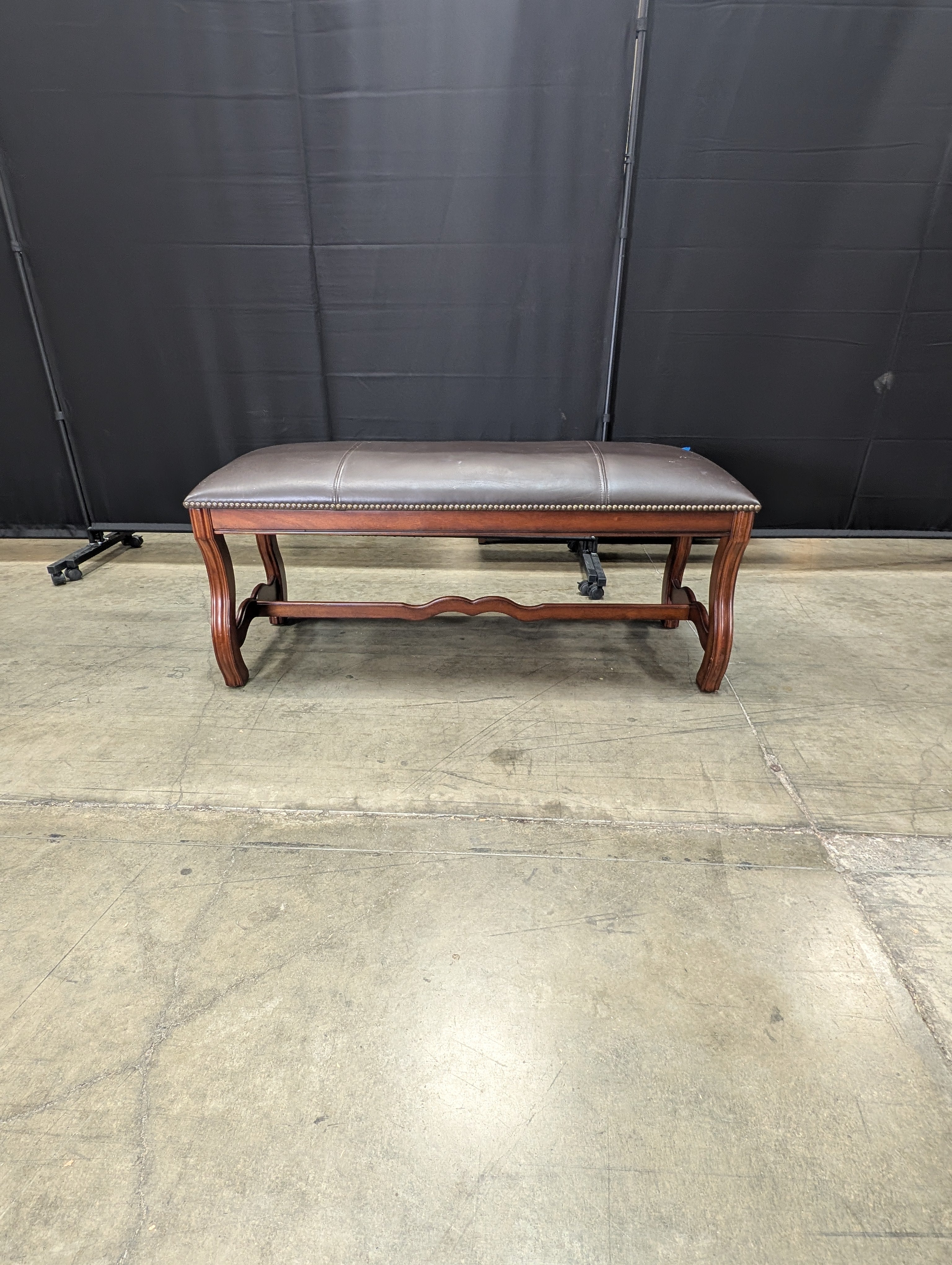 Dark Brown Upholstered Wood Bench with Nailhead Trim