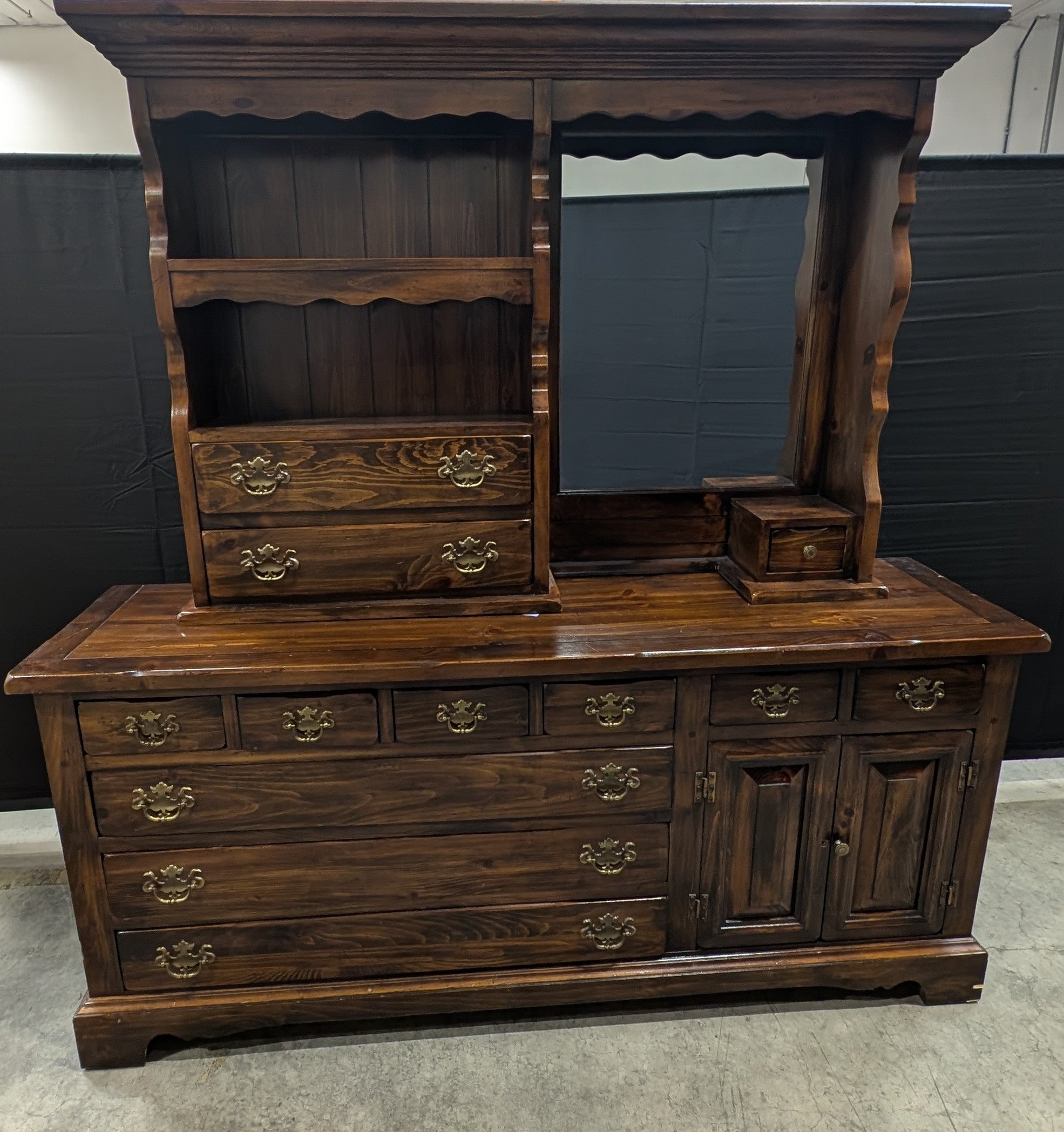 Sears Open Hearth Collection Dark Stained Wood Dresser with Hutch and Mirror