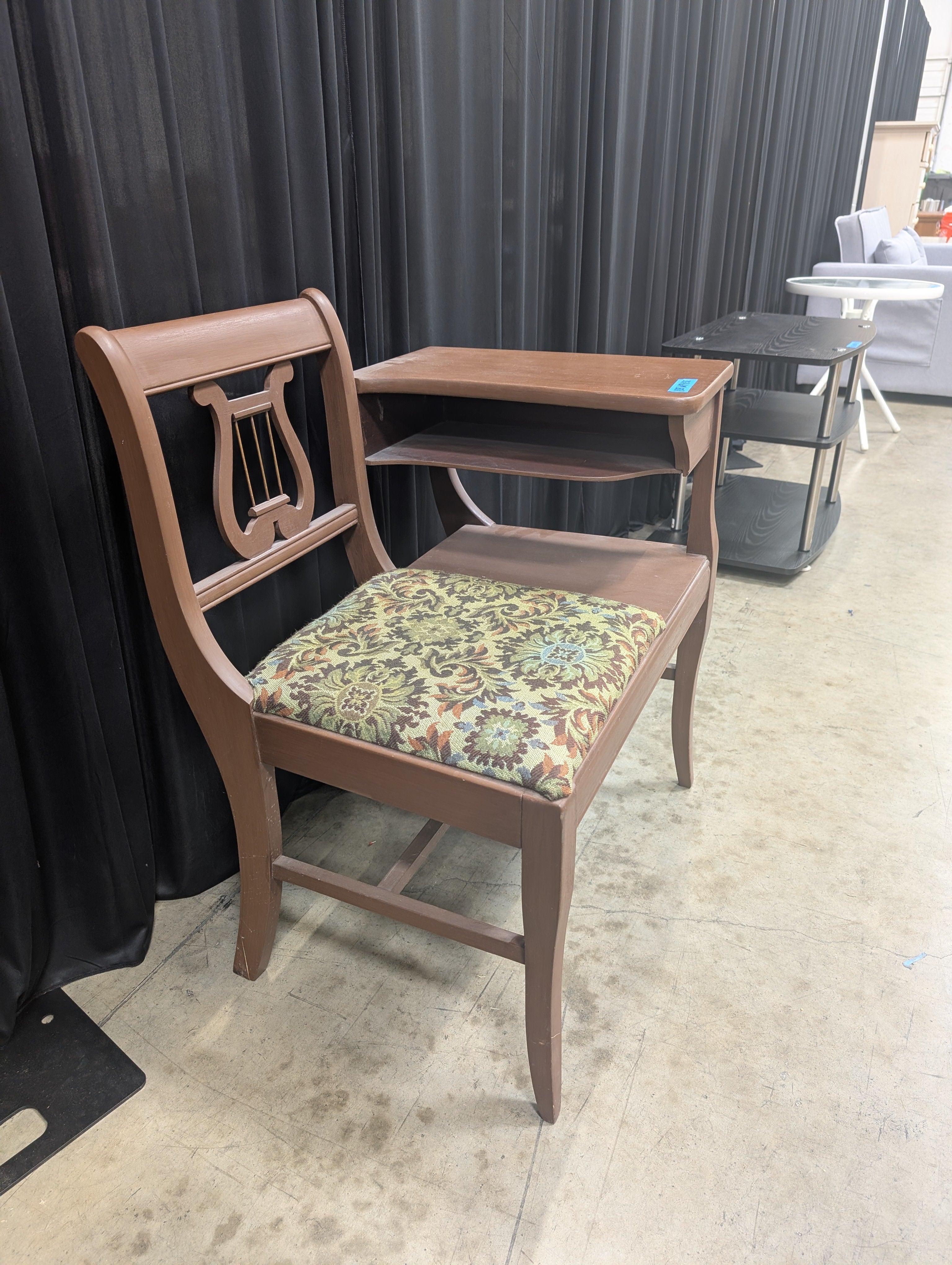 Brown Wood Lyre-Back Telephone Bench with Upholstered Seat
