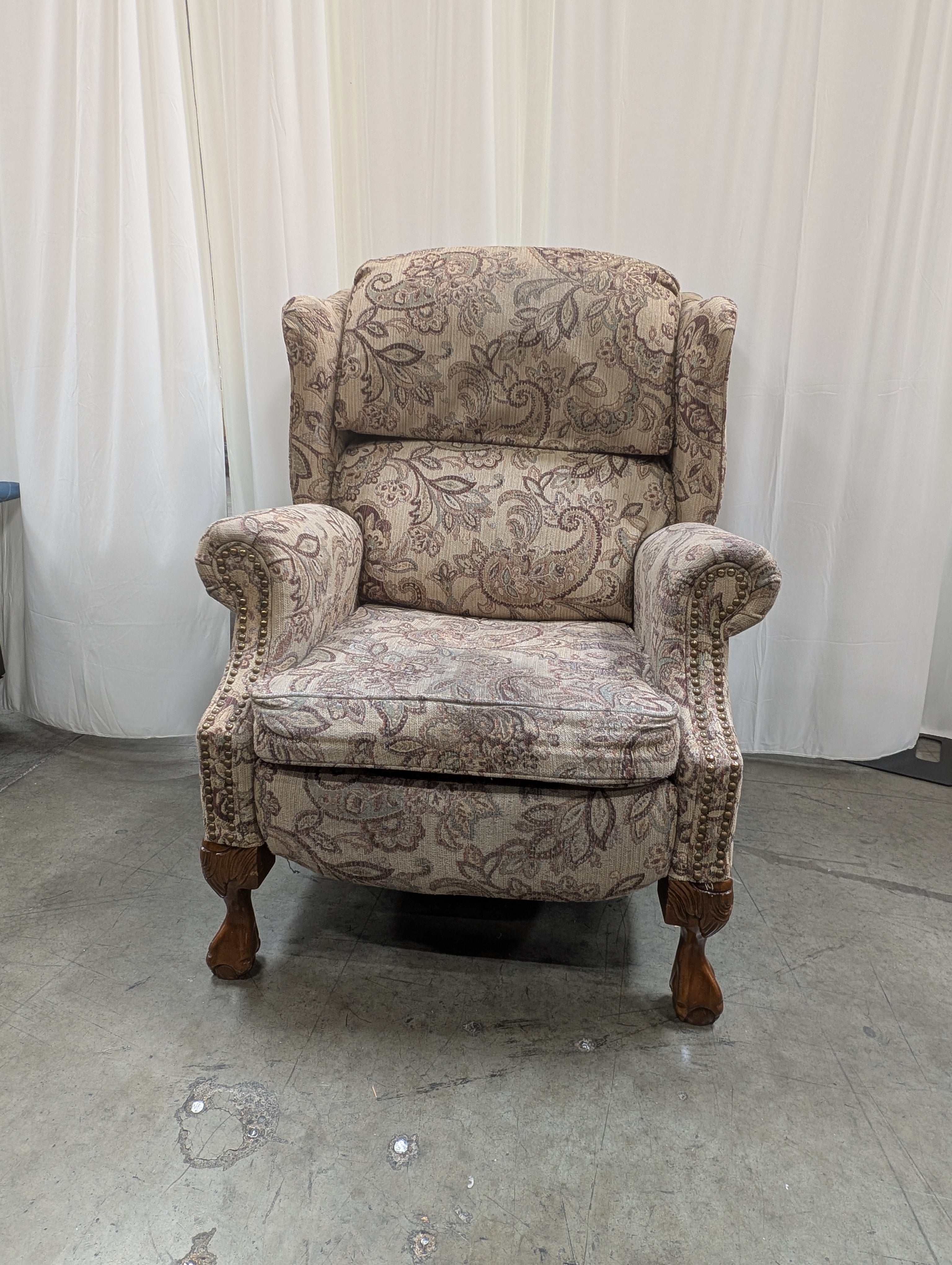 Paisley Fabric Wingback Recliner with Nailhead Trim