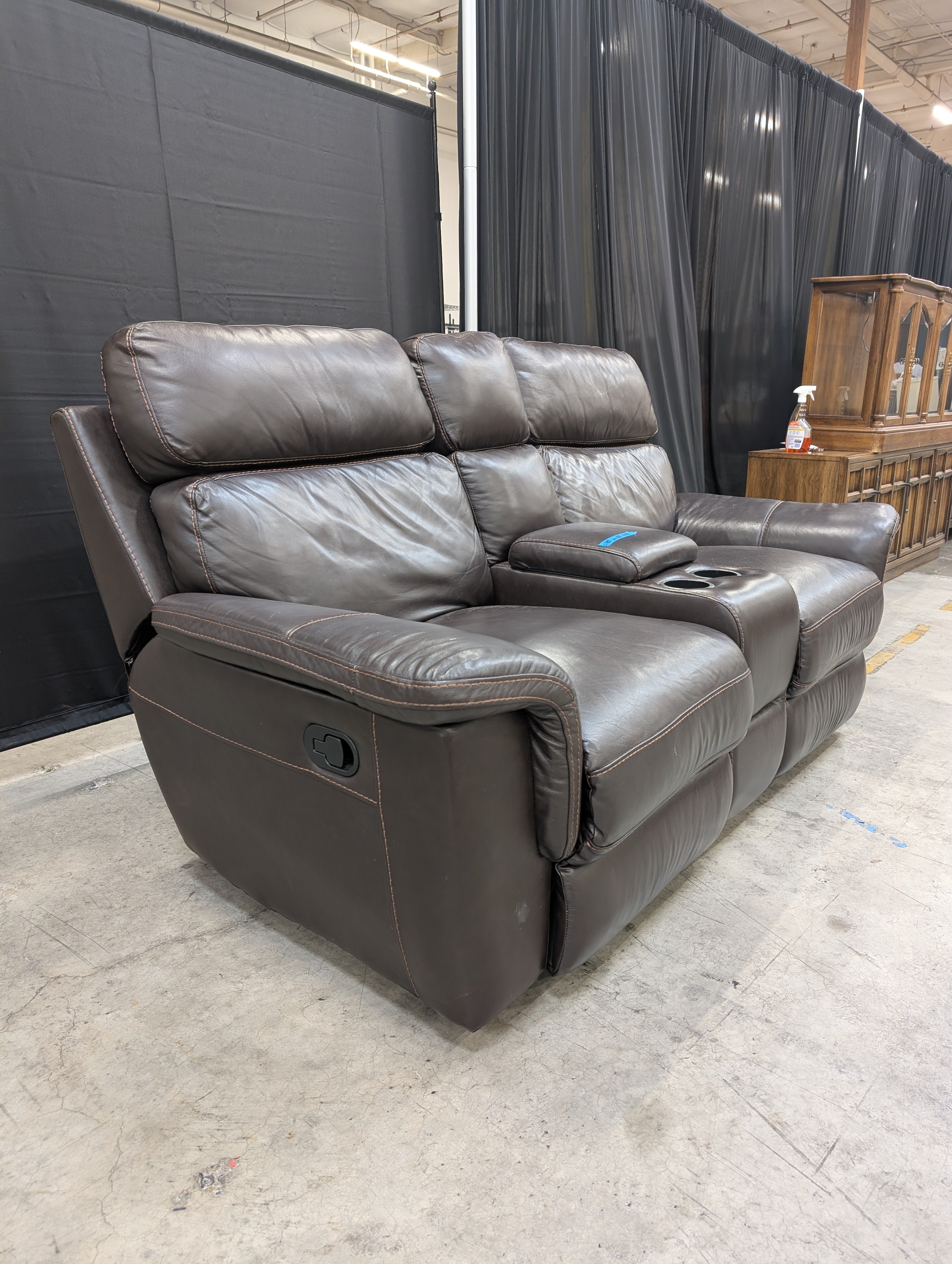Brown Leather-Look Reclining Couch with Cup Holders